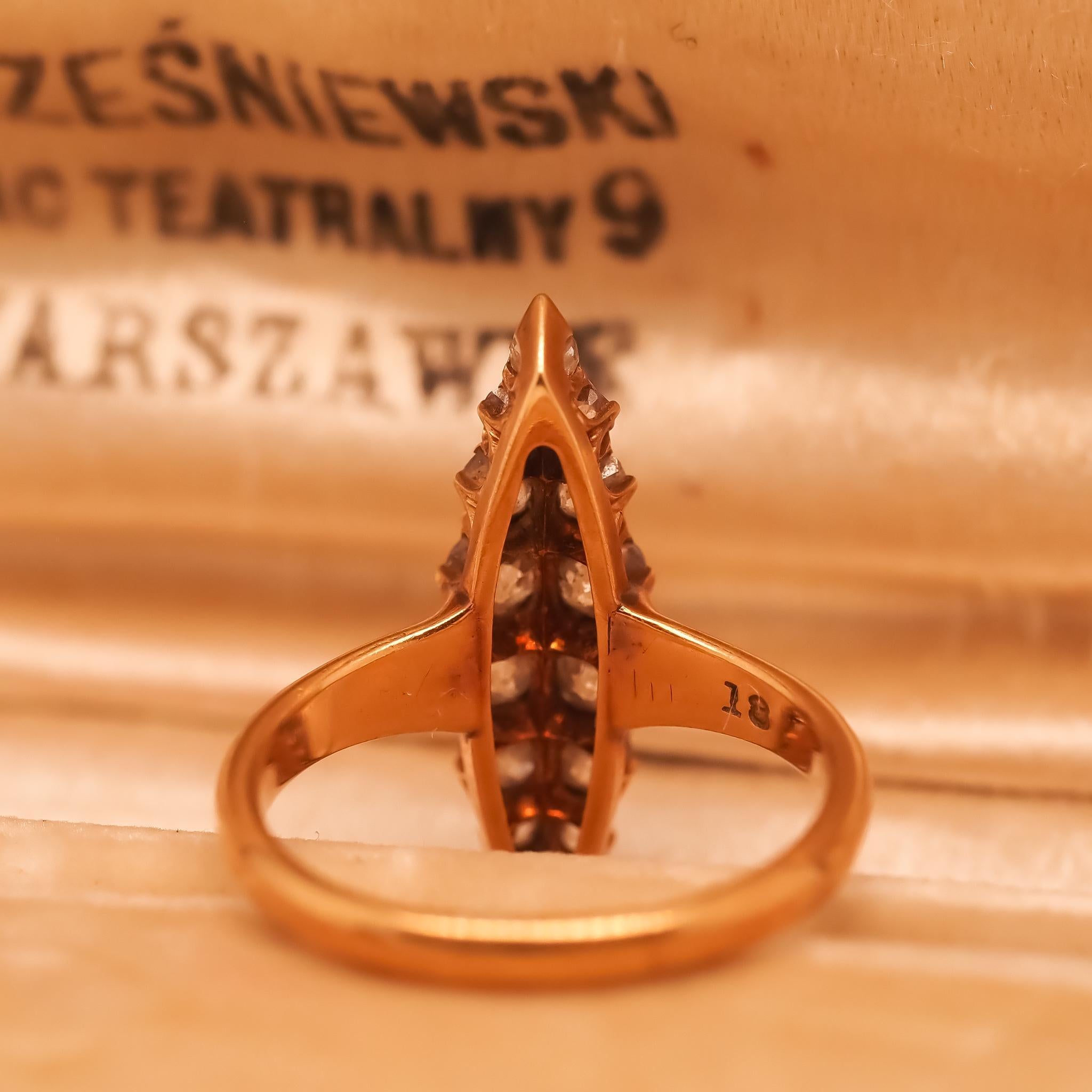 Old Mine Cut Circa 1900s Edwardian 18K Yellow Gold Navette Ring with Old Mine Diamonds For Sale
