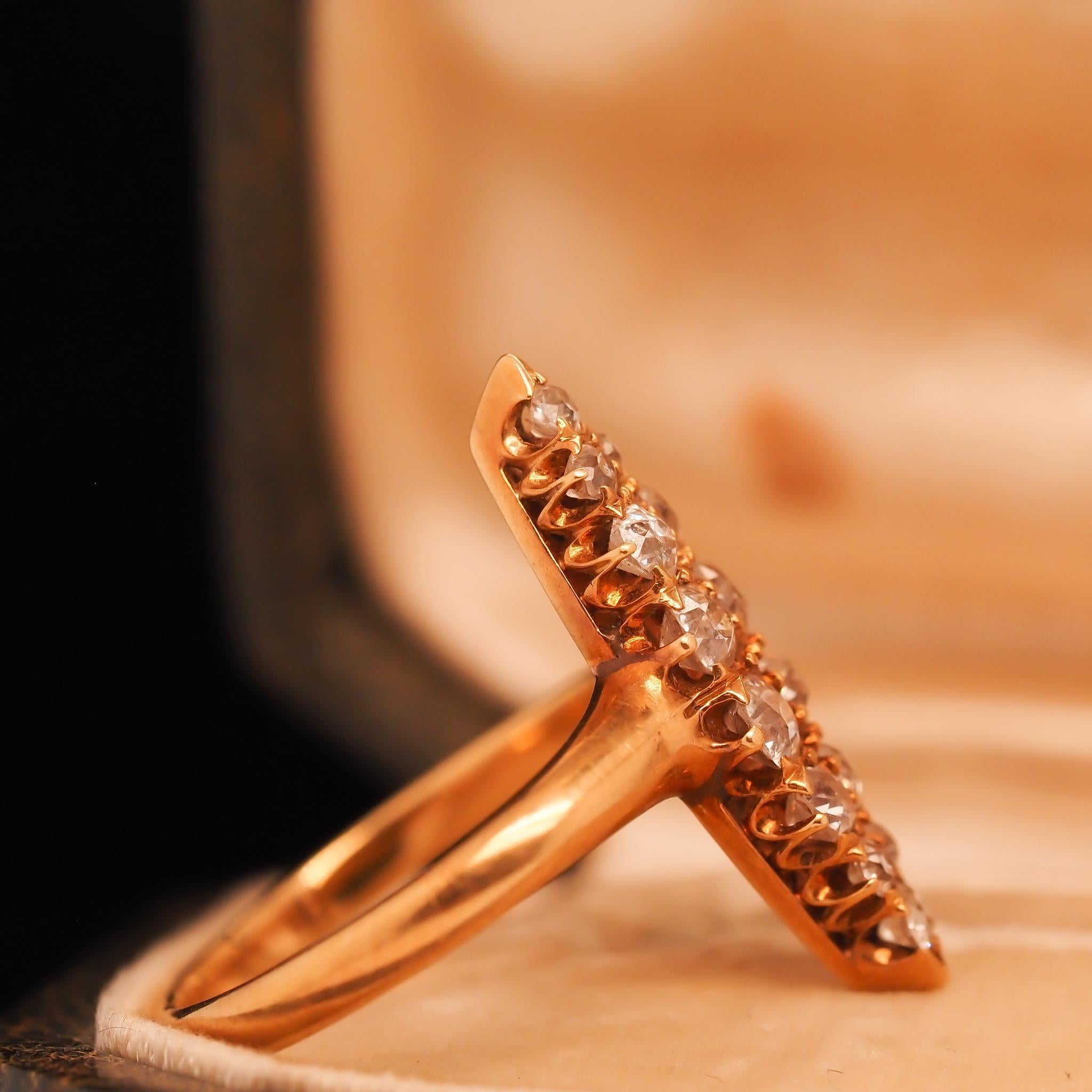 Circa 1900s Edwardian 18K Yellow Gold Navette Ring with Old Mine Diamonds In Good Condition For Sale In Atlanta, GA