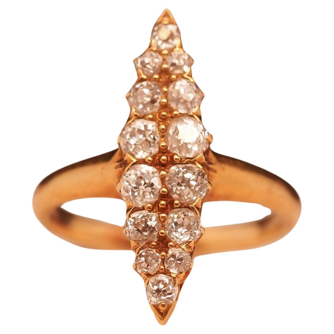 Circa 1900s Edwardian 18K Yellow Gold Navette Ring with Old Mine Diamonds For Sale