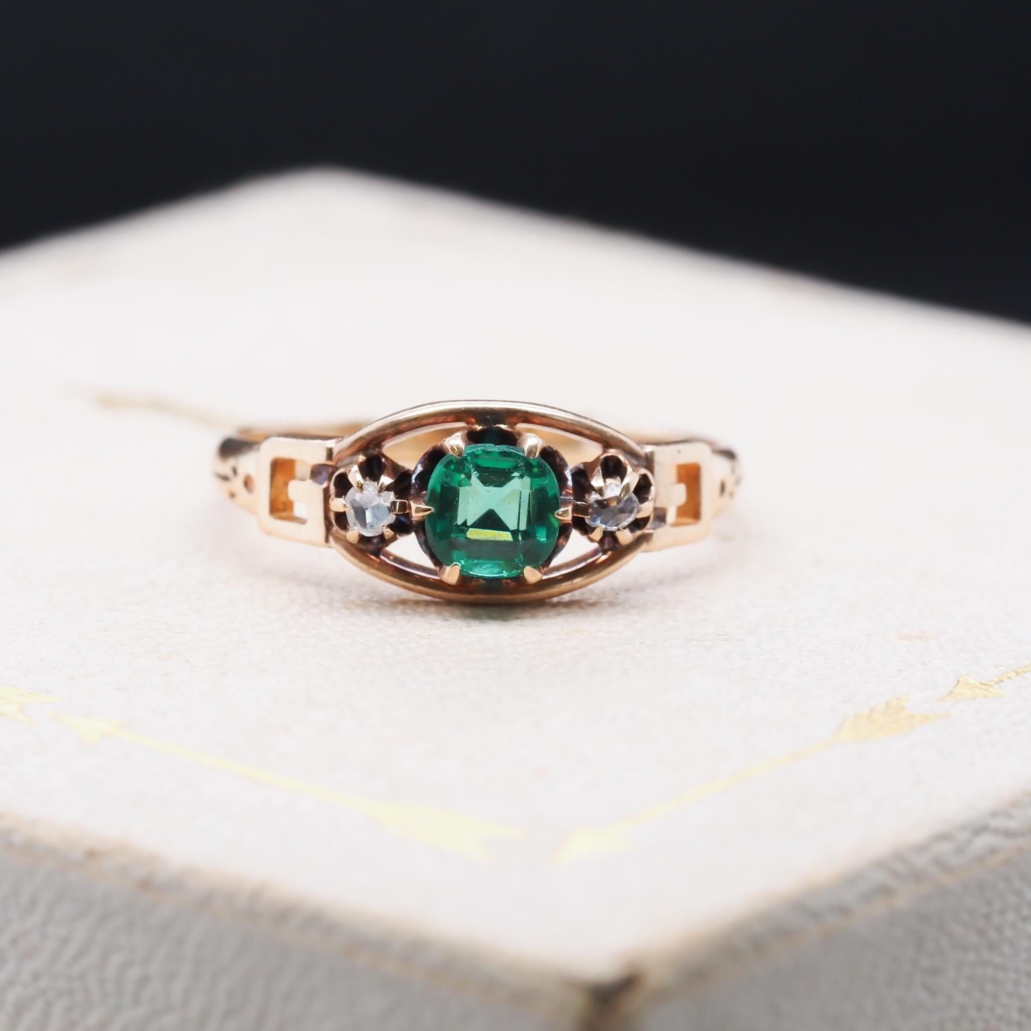 Item Details:
Ring Size: 7
Metal Type: 14K Yellow Gold [Hallmarked, and Tested]
Weight: 1.8 grams
Center Emerald: .25ct, Antique Cushion Shape, Green, Natural
Side Diamonds: Rose Cut, .08ct total weight, H Color, SI Clarity
Band Width: