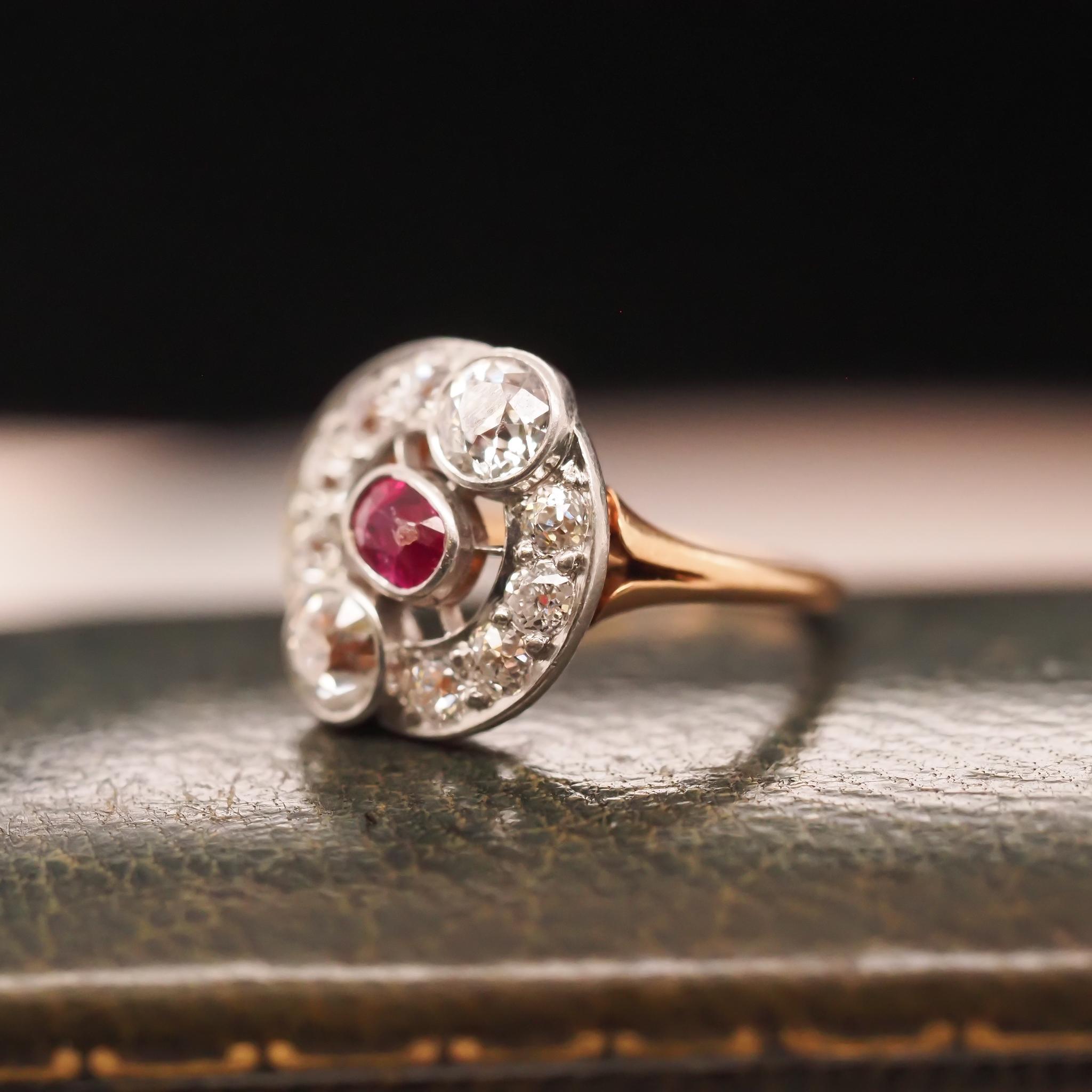 Year: 1900s
Item Details:
Ring Size: 4.5 (Sizable)
Metal Type: 14K Yellow Gold and Platinum Top [Hallmarked, and Tested]
Weight: 4.5 grams
Ruby Details: .35ct, Natural, Red, Unheated, Elongated Antique Cushion Shape.
Diamond Details: 2 Old European