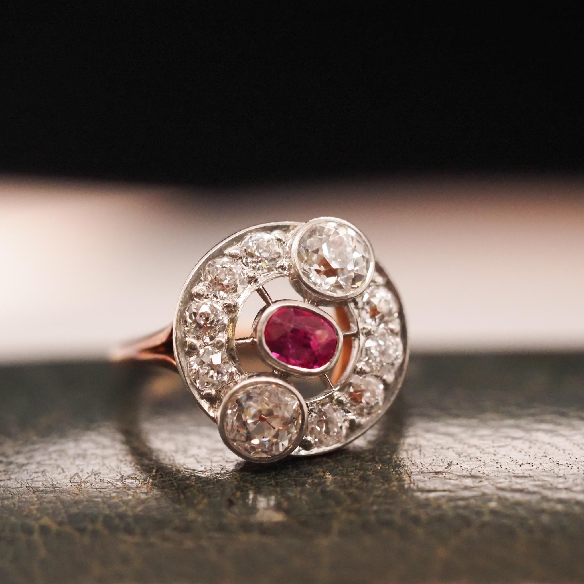 Antique Cushion Cut Circa 1900s Edwardian Natural Ruby and Old European Diamond Ring For Sale