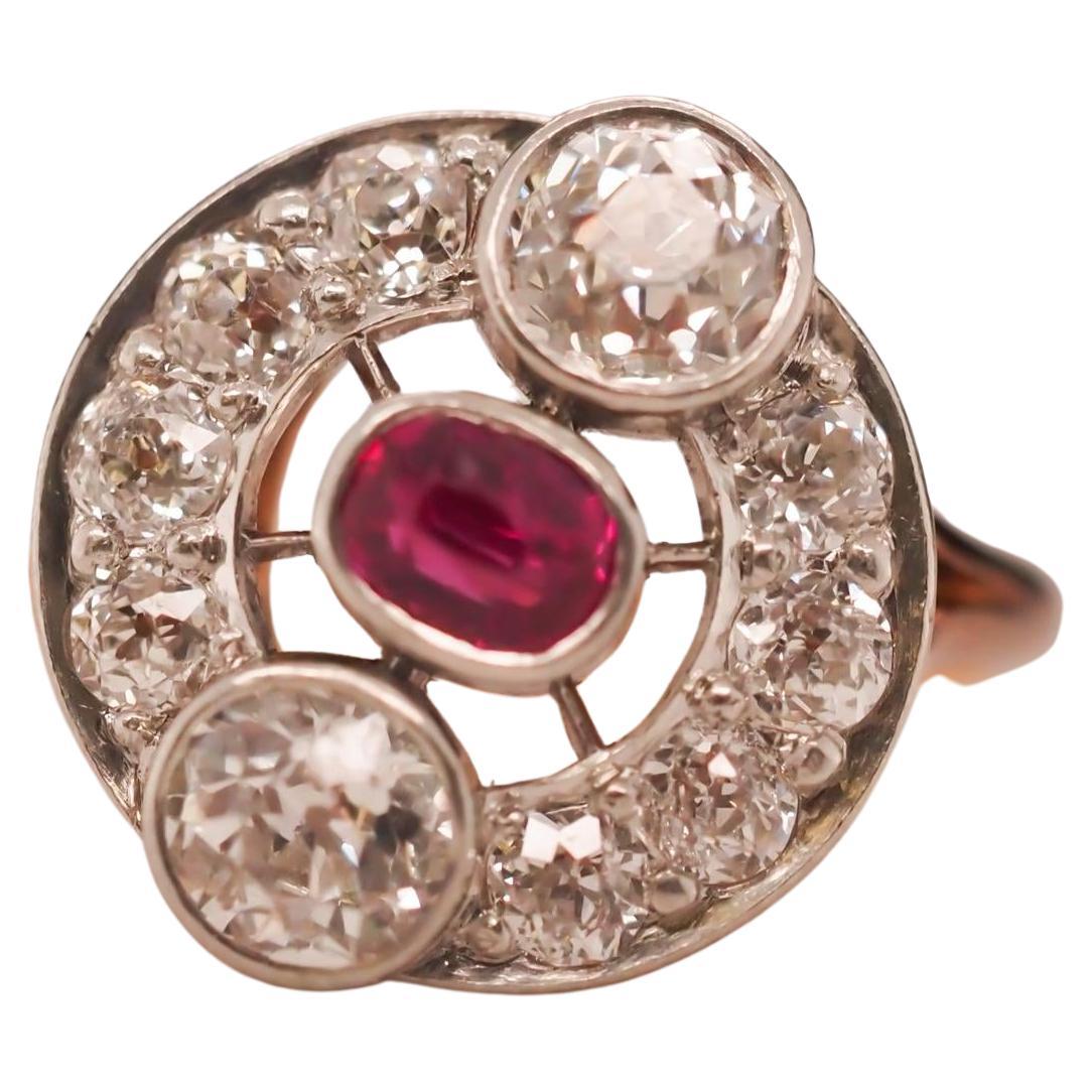 Circa 1900s Edwardian Natural Ruby and Old European Diamond Ring For Sale