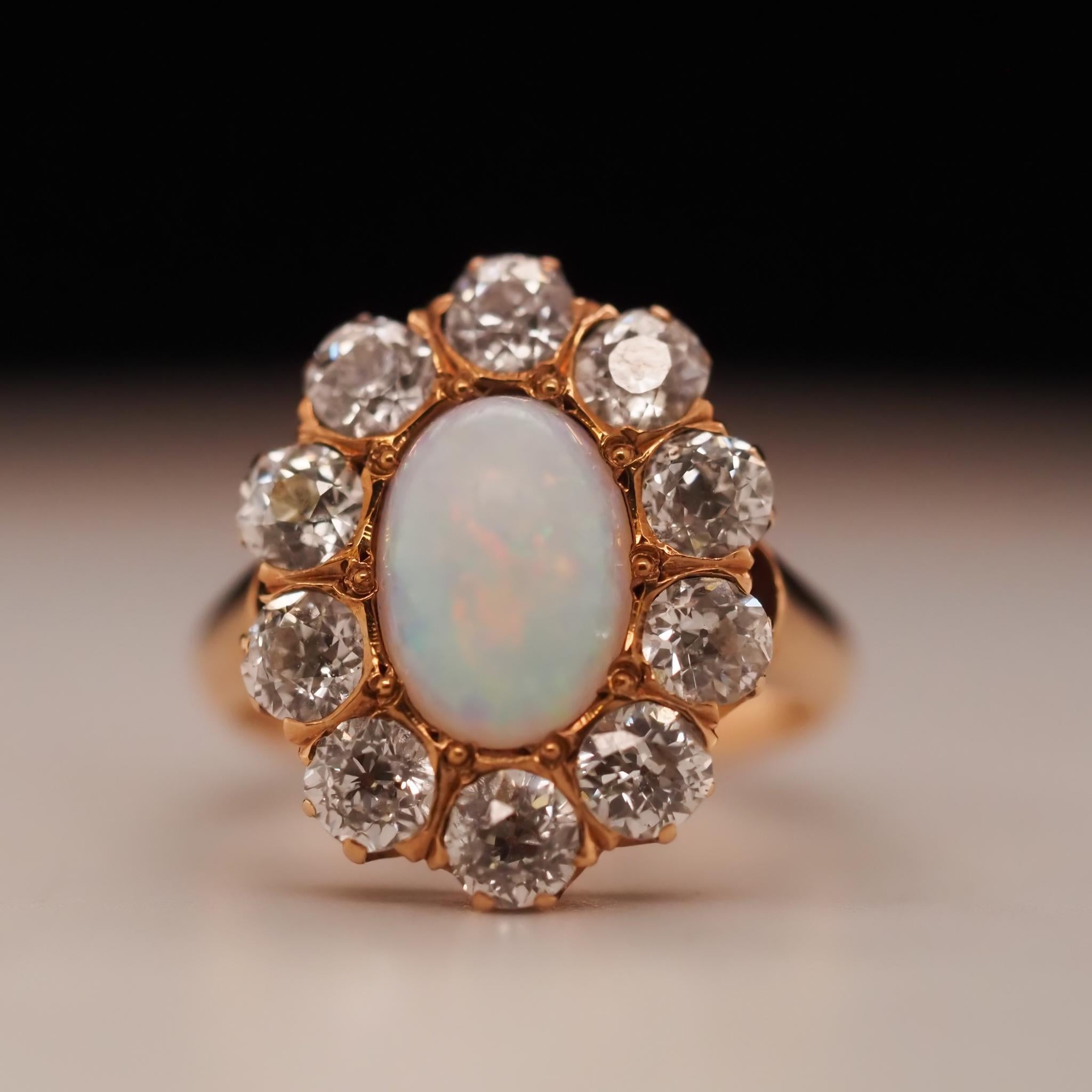 Circa 1900s Edwardian Opal and Old European Diamond Cluster Ring For Sale 2