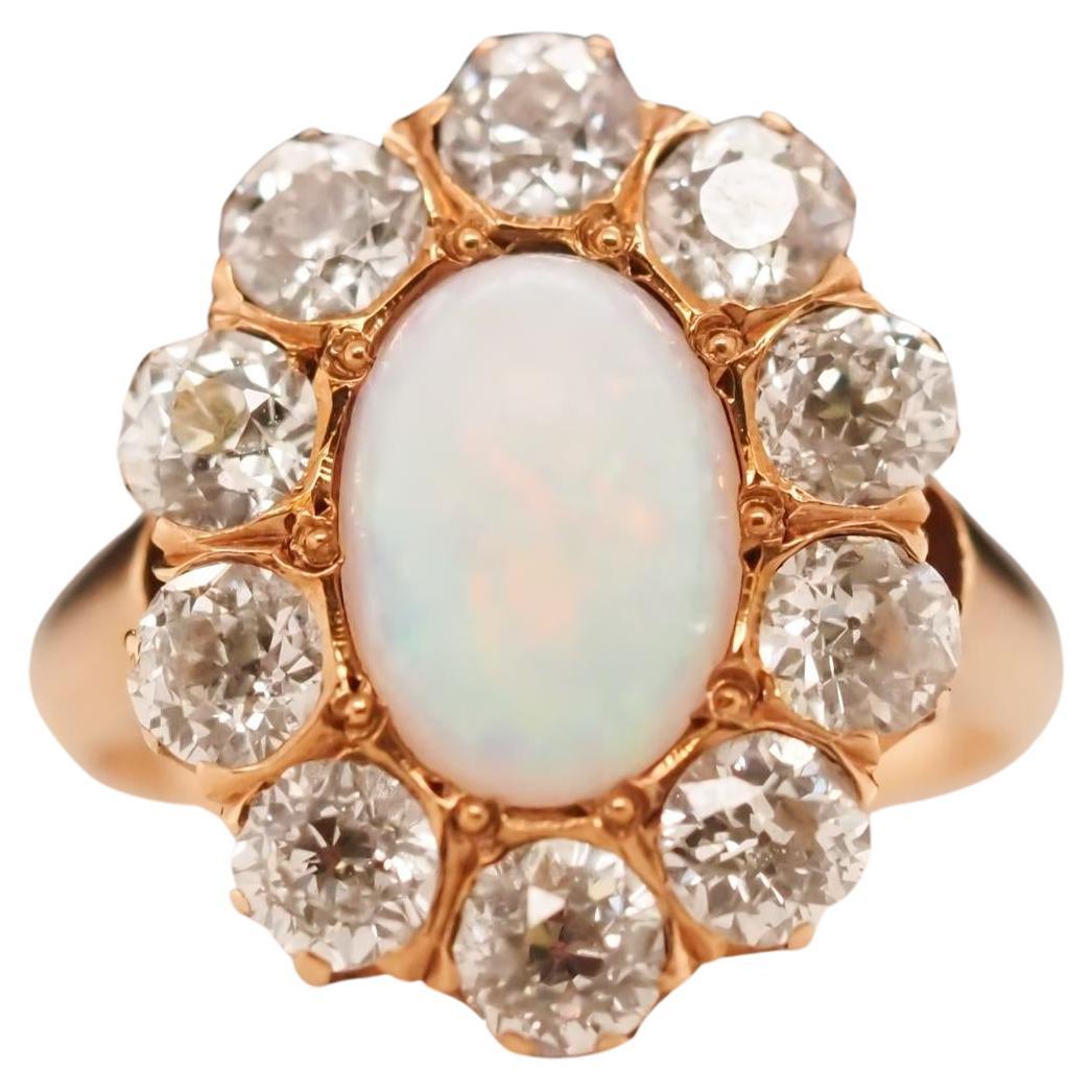 Circa 1900s Edwardian Opal and Old European Diamond Cluster Ring