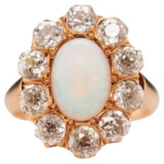 Circa 1900s Edwardian Opal and Old European Diamond Cluster Ring