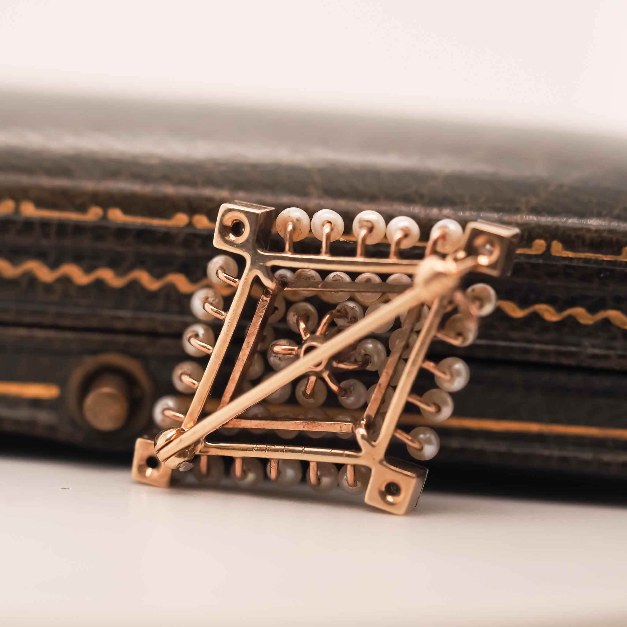 Old Mine Cut Circa 1900s Edwardian Pearl and Old Mine Diamond 14K Gold Brooch For Sale