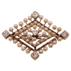 Circa 1900s Edwardian Pearl and Old Mine Diamond 14K Gold Brooch