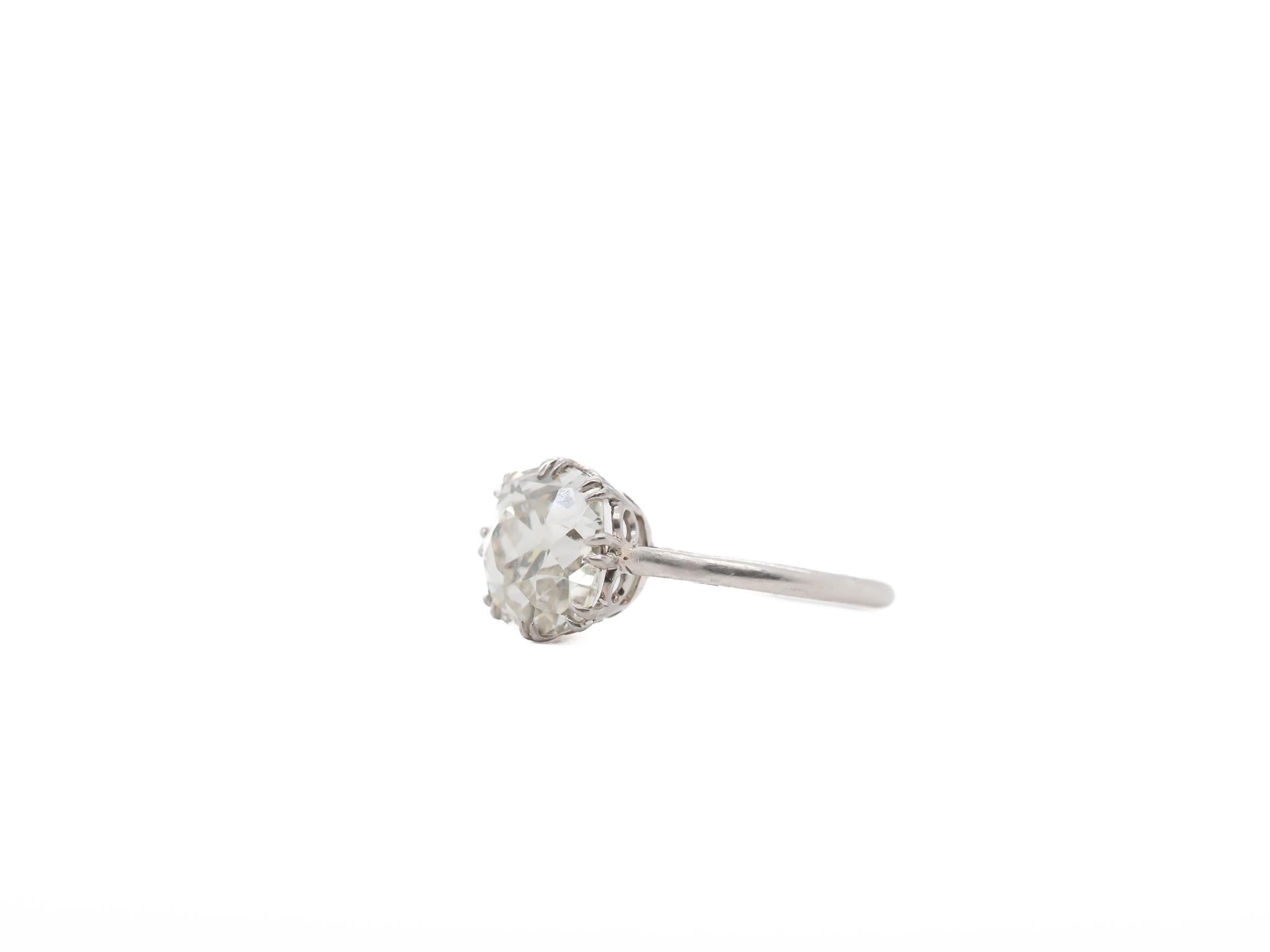 Year: 1900s
Item Details:
Ring Size: 5
Metal Type: Platinum [Hallmarked, and Tested]
Weight: 3.0 grams
Center Diamond Details:
GIA Report#: 5231440696
Weight: 2.69ct total weight
Cut: Old Mine brilliant
Color: N
Clarity: I1 (100% Eye Clean)
Type: