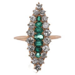 Circa 1900s Emerald and Old Mine Diamond Navette Ring