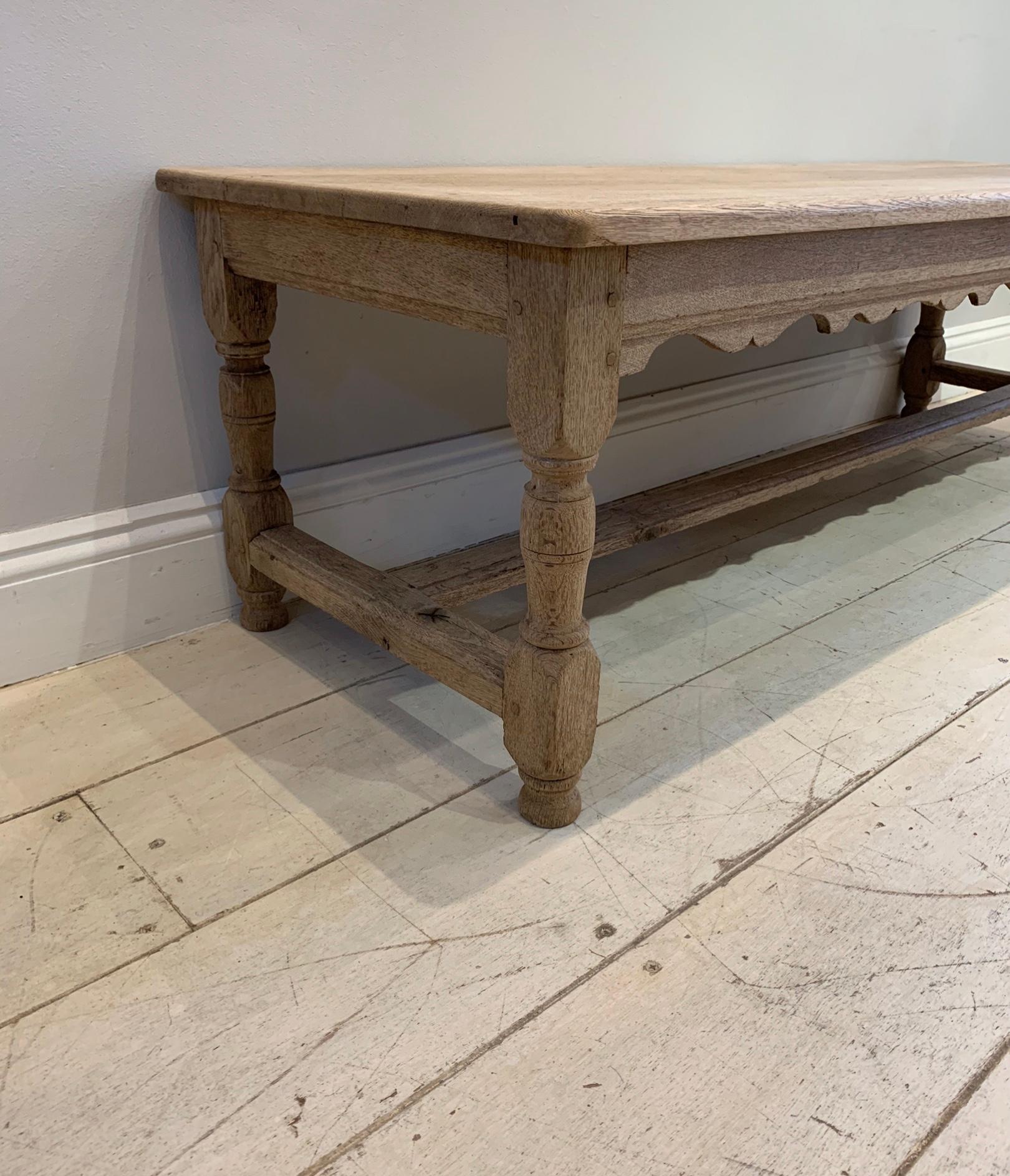 Circa 1900s English Bleached Oak Rectangular Carved Bench or Coffee Table  2