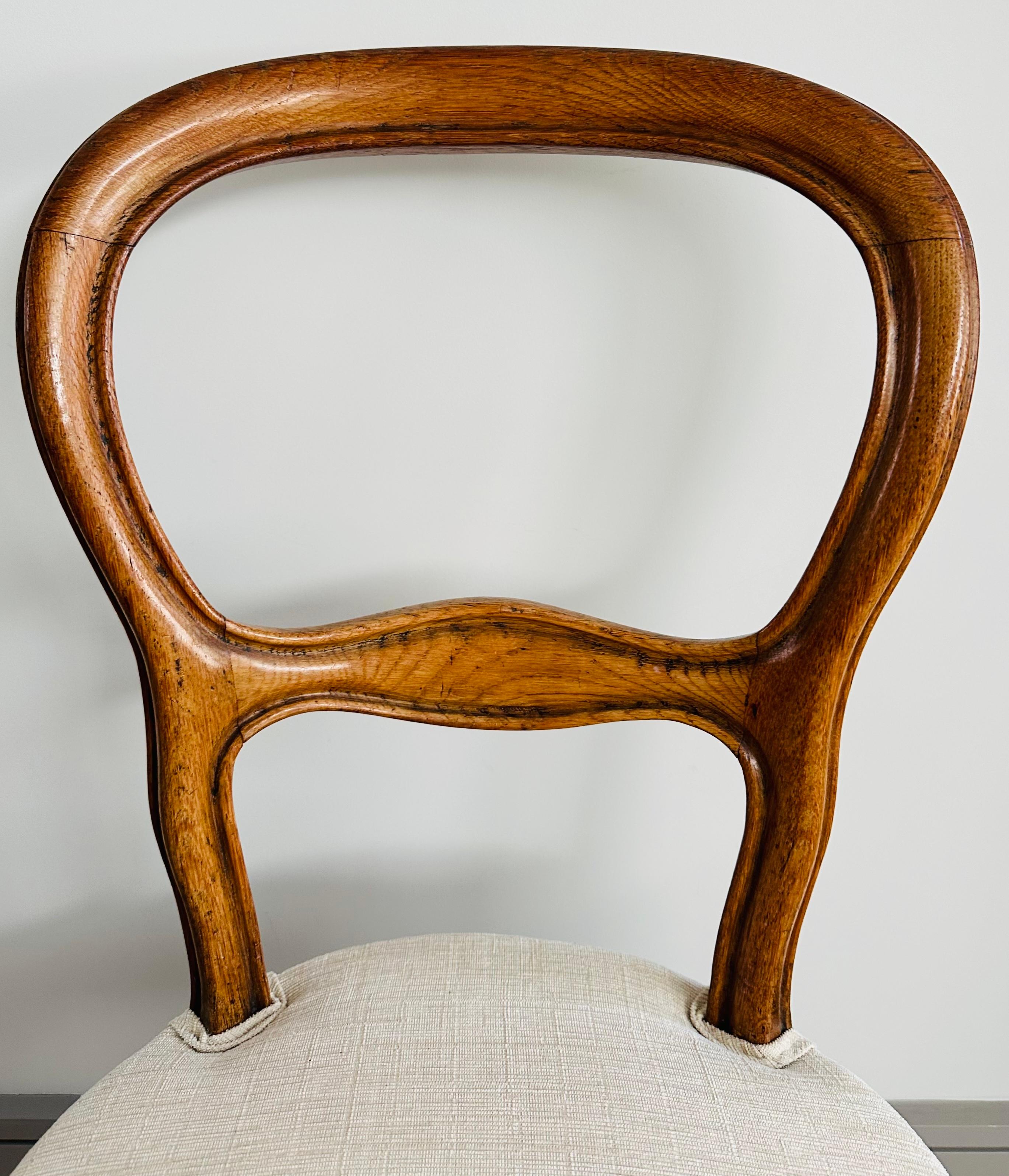 Early 20th Century Circa 1900s English Oak Balloon Back Dining or Side Chair Newly Reupholstered  For Sale