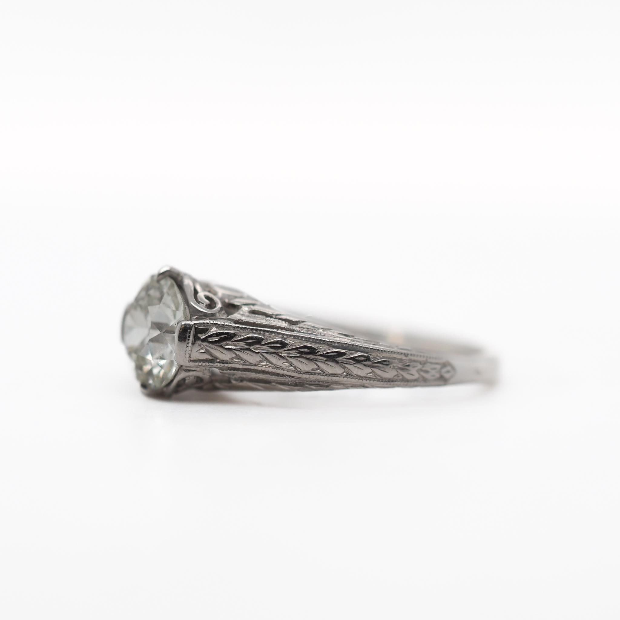 Year: 1900s
Item Details:
Ring Size: 6
Metal Type: Platinum [Hallmarked, and Tested]
Weight: 3.3 grams
Center Diamond Details:
GIA Report#:2235327573
Weight:1.04 ct total weight
Cut: Old European brilliant
Color: N
Clarity: VS2
Type: Natural
Finger