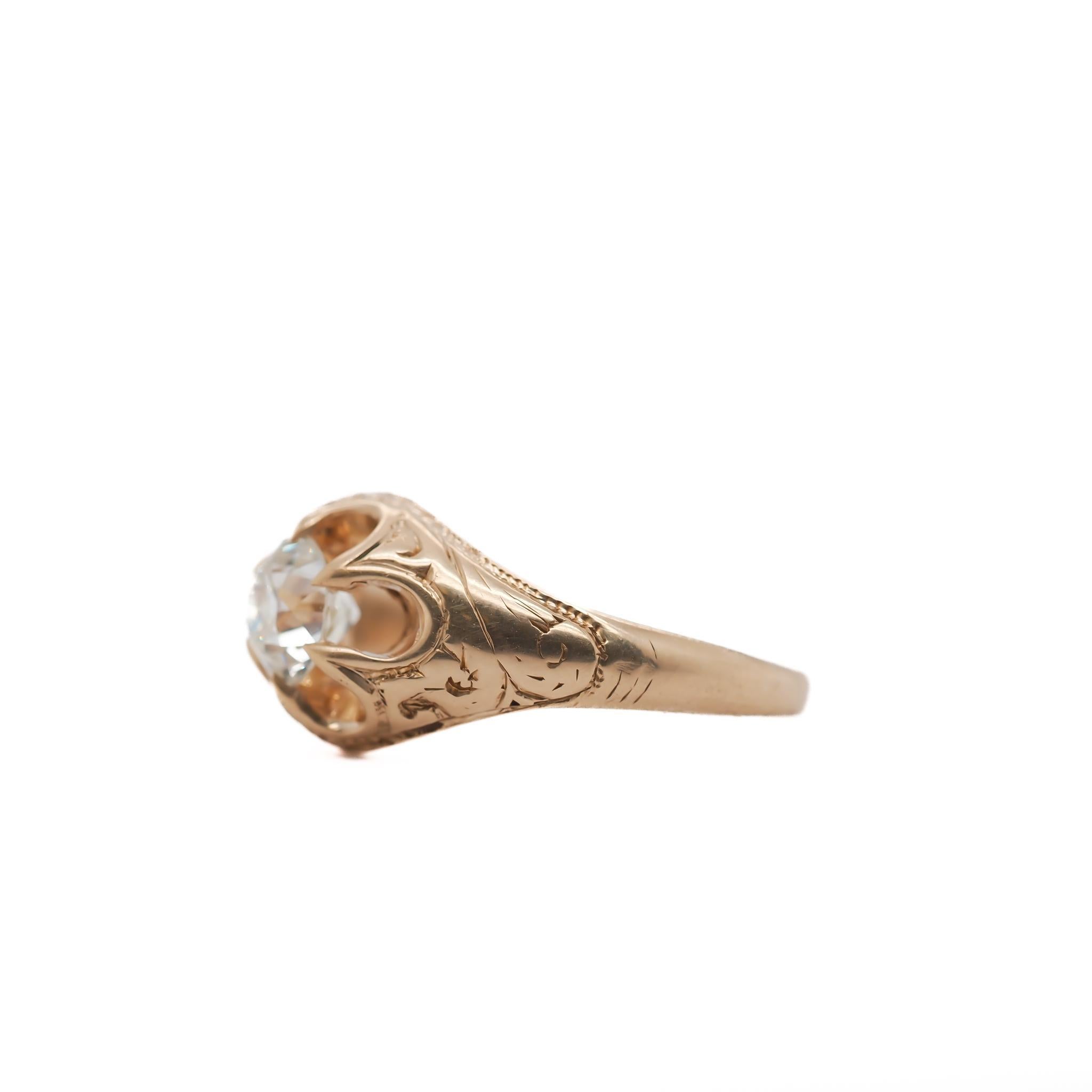 Year: 1900s

Item Details:
Ring Size: 5
Metal Type: 14K Yellow Gold [Hallmarked, and Tested]
Weight: 3.9 grams

Center Diamond Details:

GIA Report#: 1236394536
Weight: .68ct total weight
Cut: Old European brilliant
Color: L
Clarity: VS2
Type: