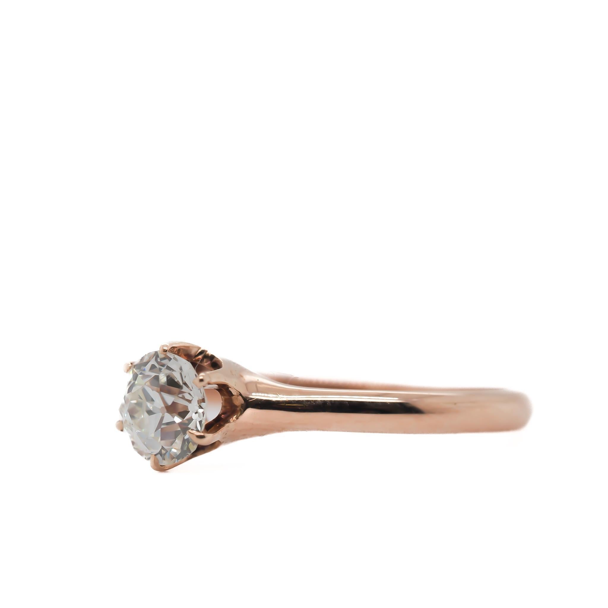 Year: 1900S

Item Details:
Ring Size: 8.25
Metal Type: 14K Yellow Gold [Hallmarked, and Tested]
Weight: 2.0 grams

Center Diamond Details:

GIA Report#:1232444040
Weight: .94ct total weight
Cut: Old European brilliant
Color: K
Clarity: SI1
Type: