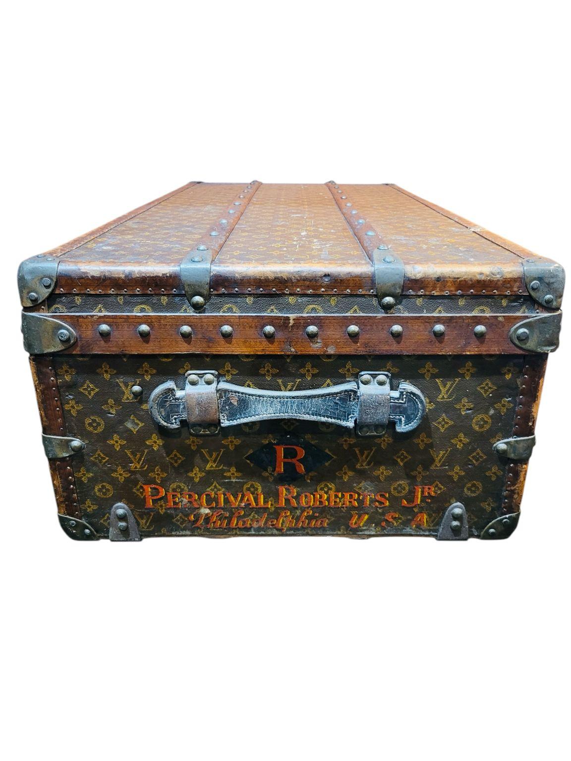  Rare Louis Vuitton steamer trunk originally owned by Percival Roberts Jr a prominent steel baron from Philadelphia Circa 1900’s. Superb Louis Vuitton steamer trunk featuring all leather trim in deep chocolate color, solid brass Louis Vuitton
