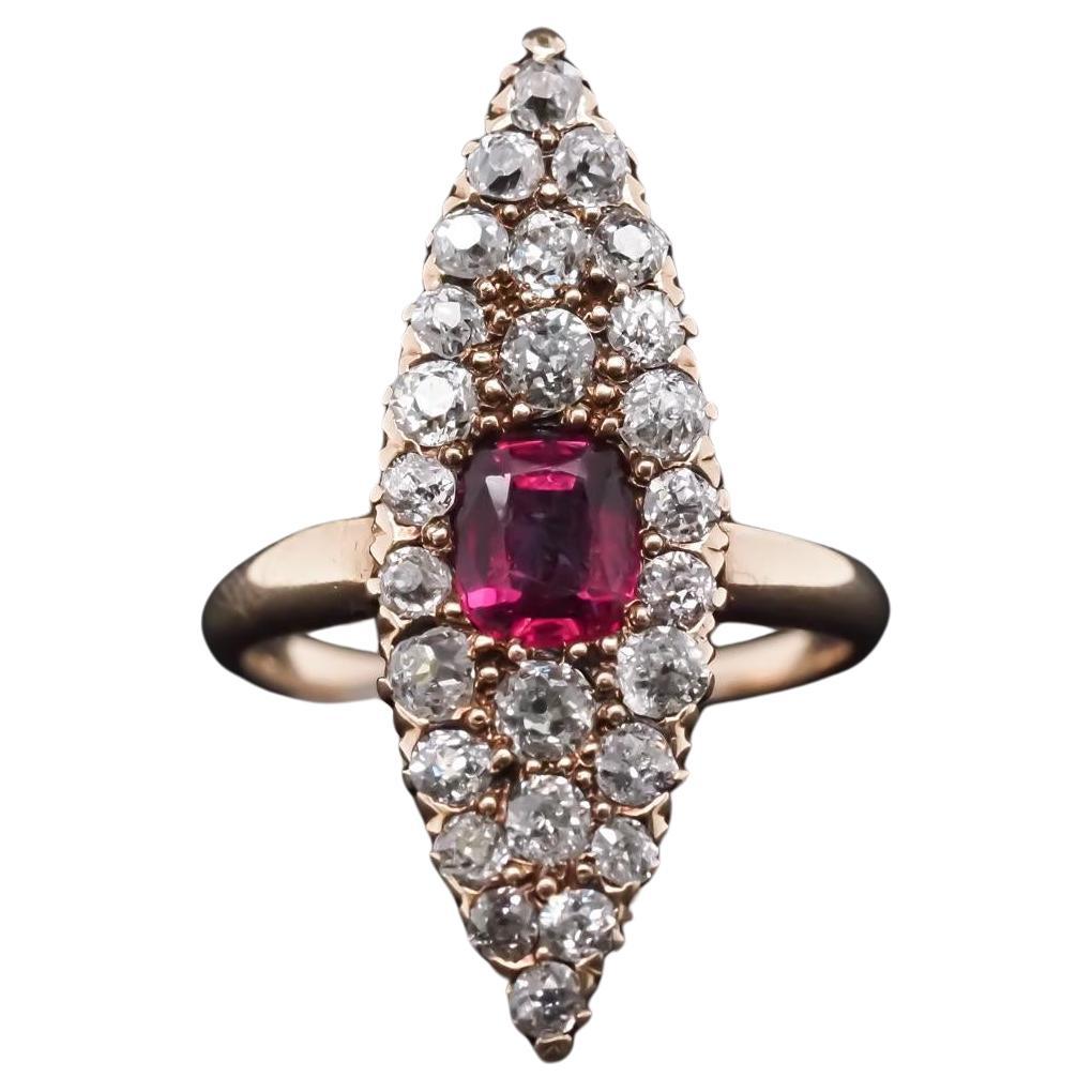 Circa 1900s Ruby and Old Mine Diamond Navette Ring