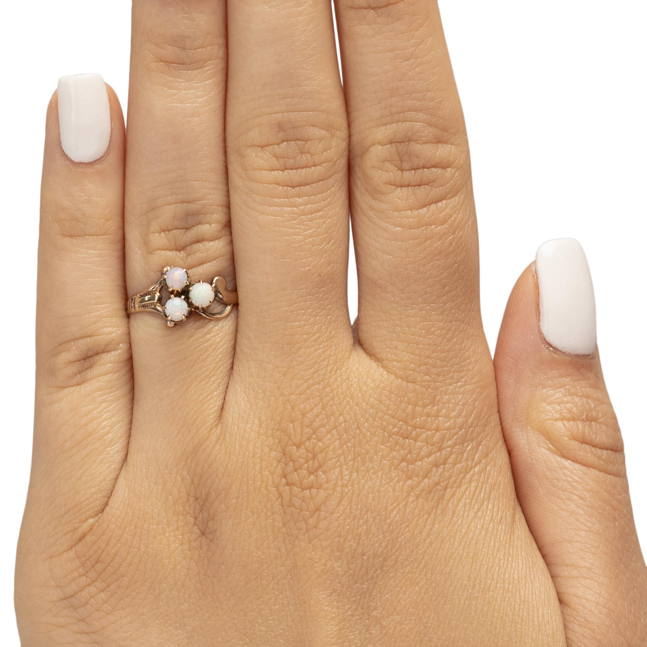 Women's or Men's Circa 1900's Victorian 10K Yellow Gold Antique Three Stone Opal Fashion Ring