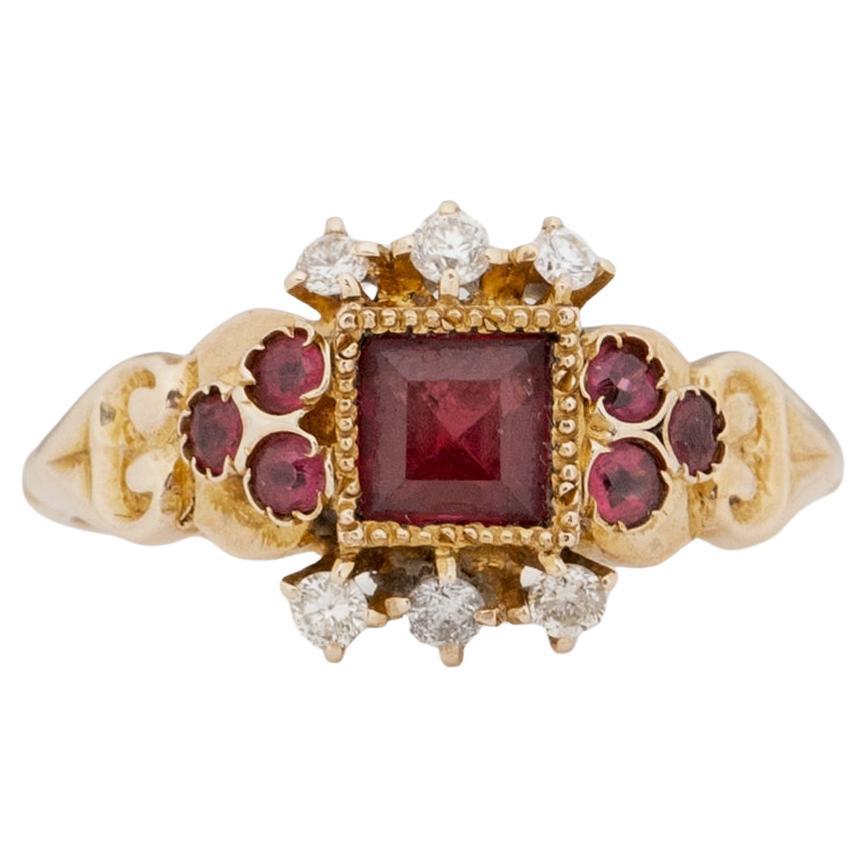 circa 1900's Victorian 10K Yellow Gold Vintage Garnet and Diamond Statement Ring