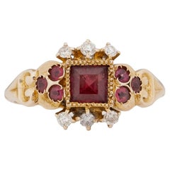 circa 1900's Victorian 10K Yellow Gold Vintage Garnet and Diamond Statement Ring