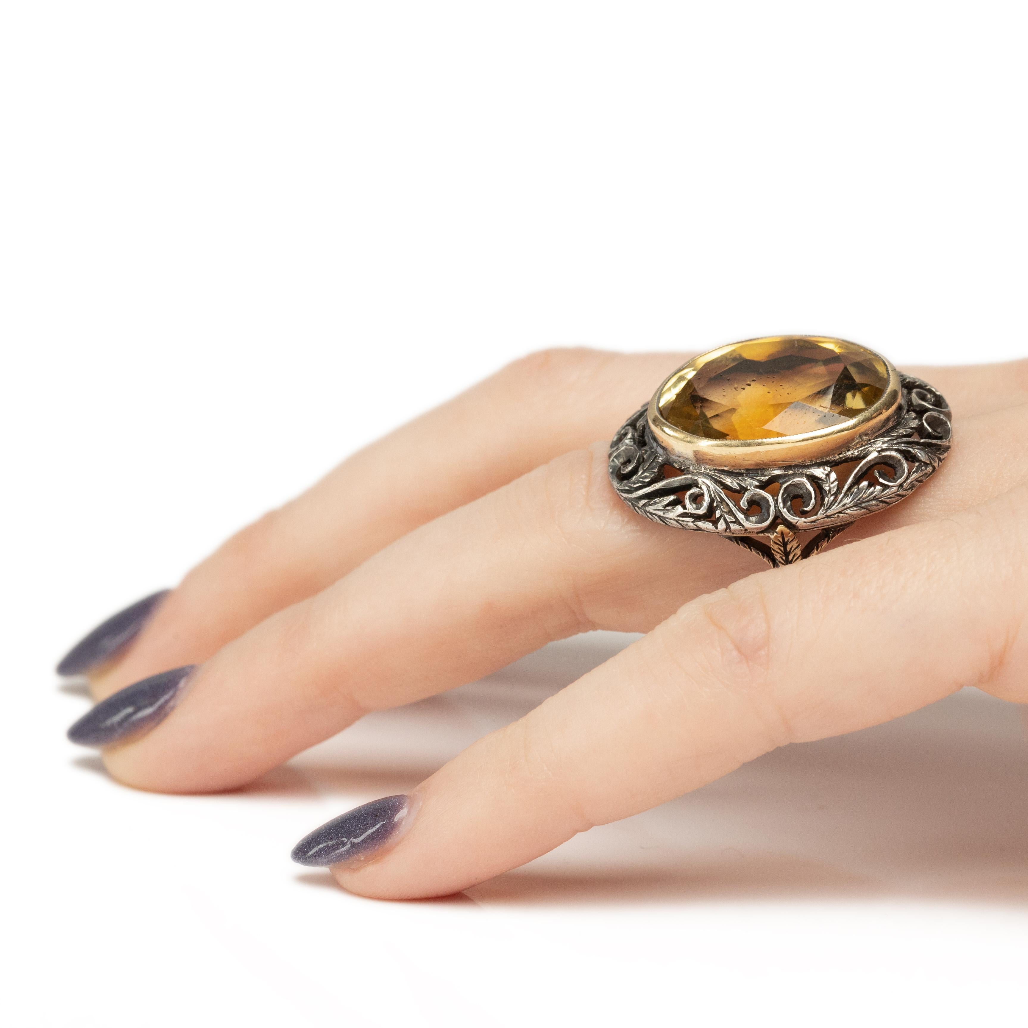 Women's or Men's Circa 1900's Victorian 18K and Sterling Silver Large Oval Citrine Cocktail Ring 