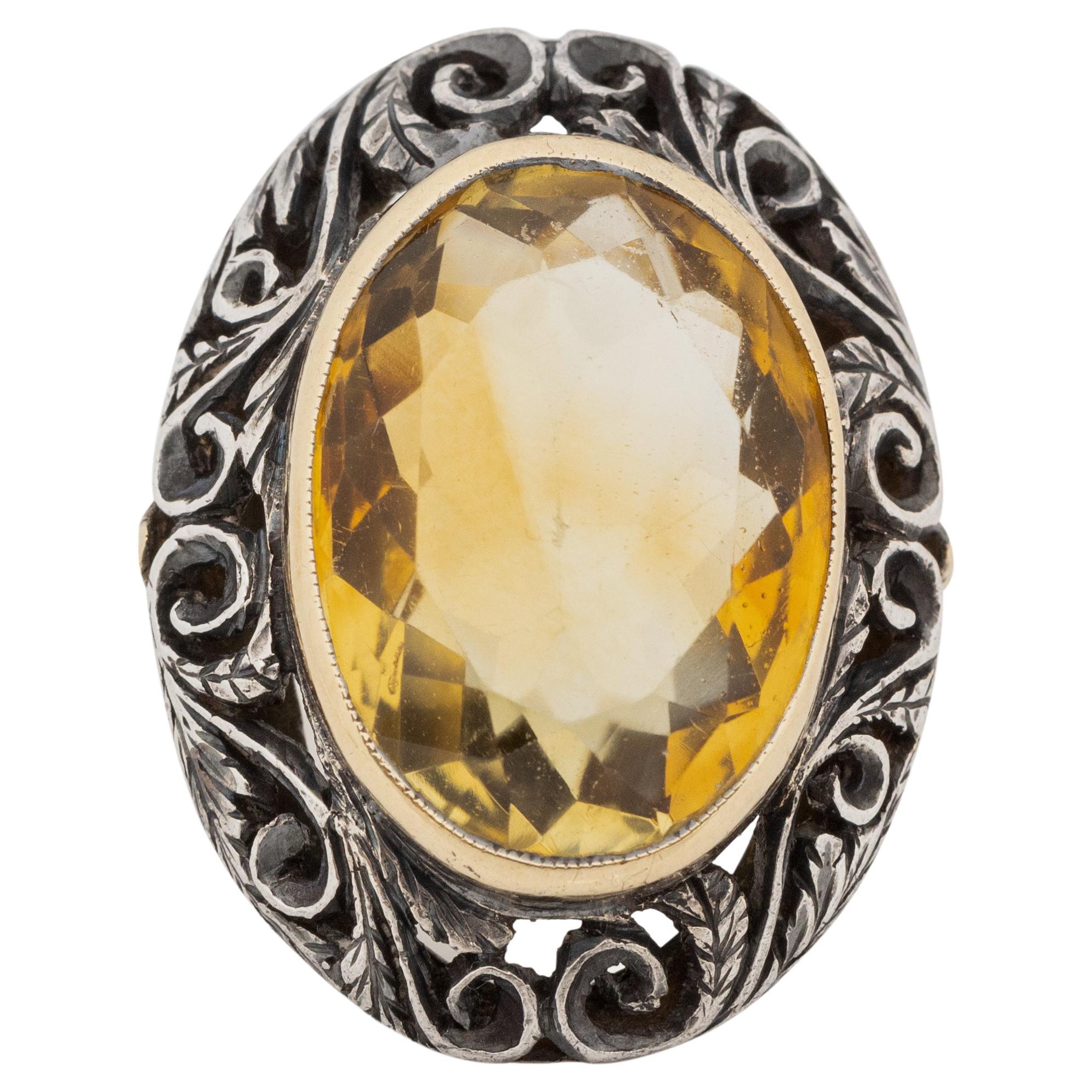 Circa 1900's Victorian 18K and Sterling Silver Large Oval Citrine Cocktail Ring 
