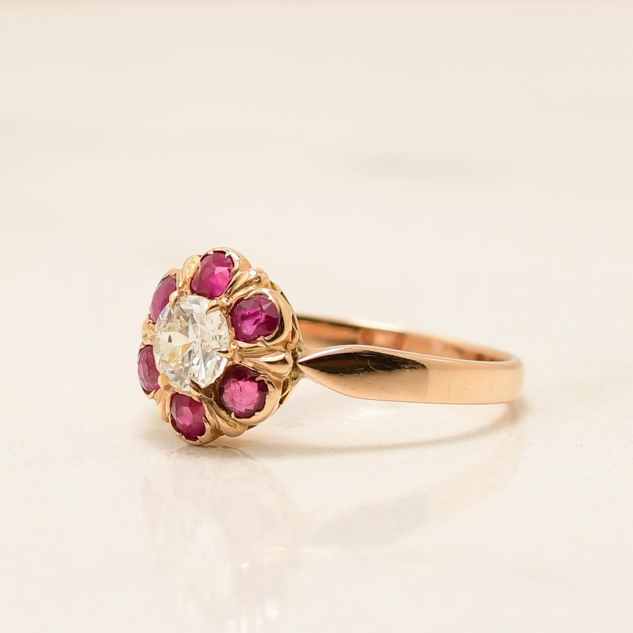 This Victorian ring encapsulates a captivating slice of history. Meticulously forged from 18K rose gold, its slender tapered shank discreetly bears a pristine French eagle head hallmark on the outer base. This hallmark serves as an elegant testament