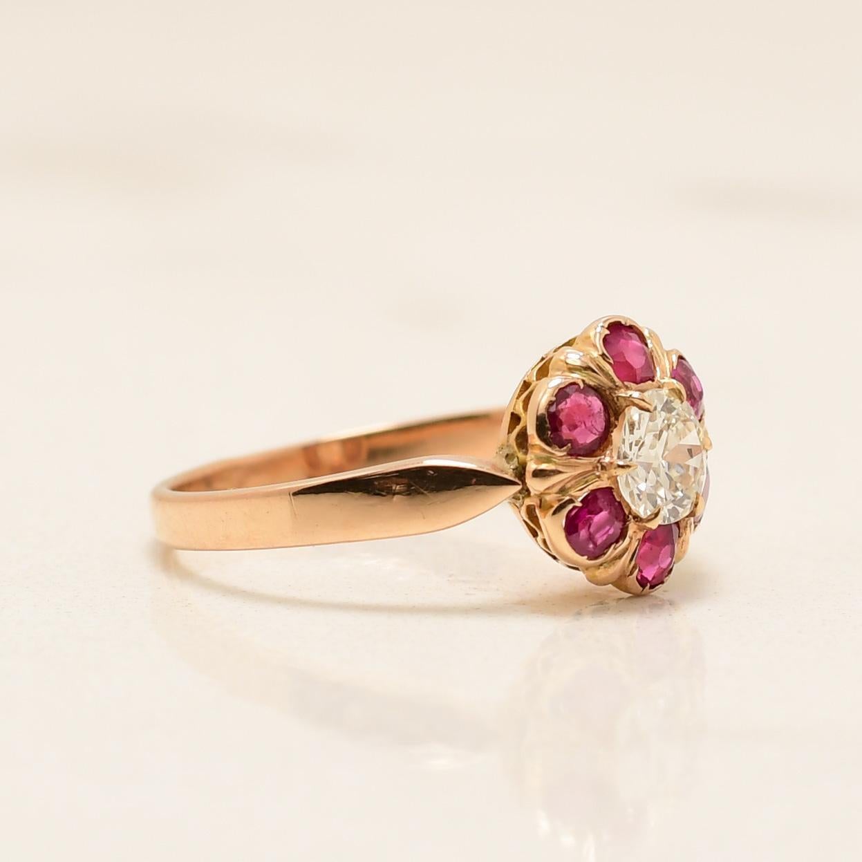Brilliant Cut Circa 1900's Victorian 18K Rose Gold Brilliant GIA Certified Diamond & Ruby Ring