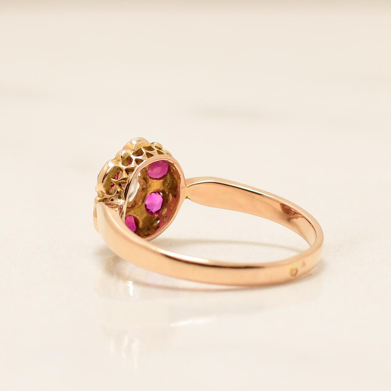 Circa 1900's Victorian 18K Rose Gold Brilliant GIA Certified Diamond & Ruby Ring In Good Condition In Addison, TX
