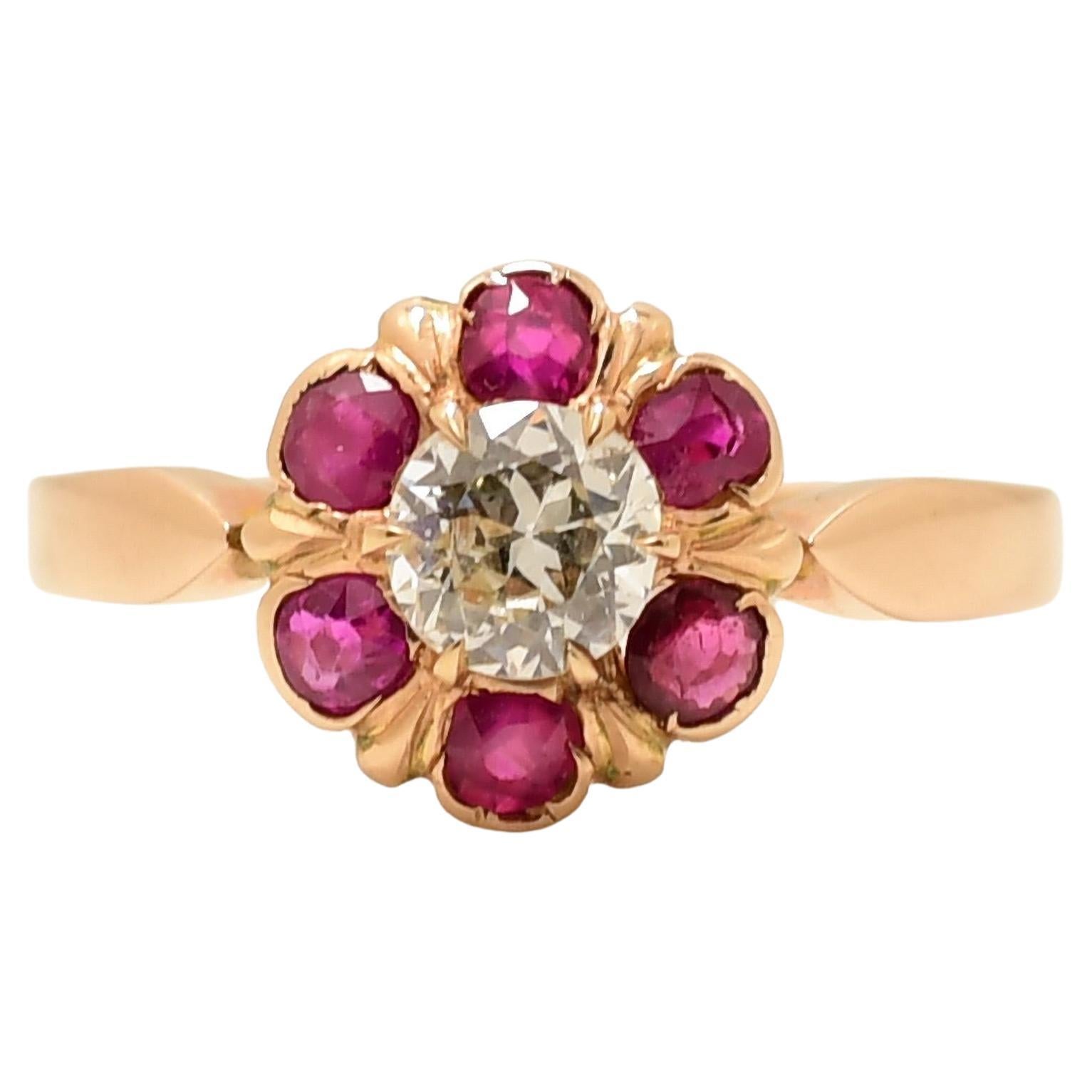 Circa 1900's Victorian 18K Rose Gold Brilliant GIA Certified Diamond & Ruby Ring