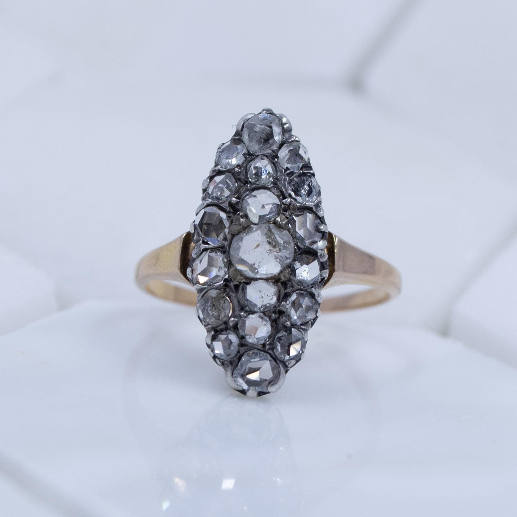 Circa 1900's Victorian 18K Rose Gold Two Tone Pave Rose Cut Diamond Navette For Sale 5