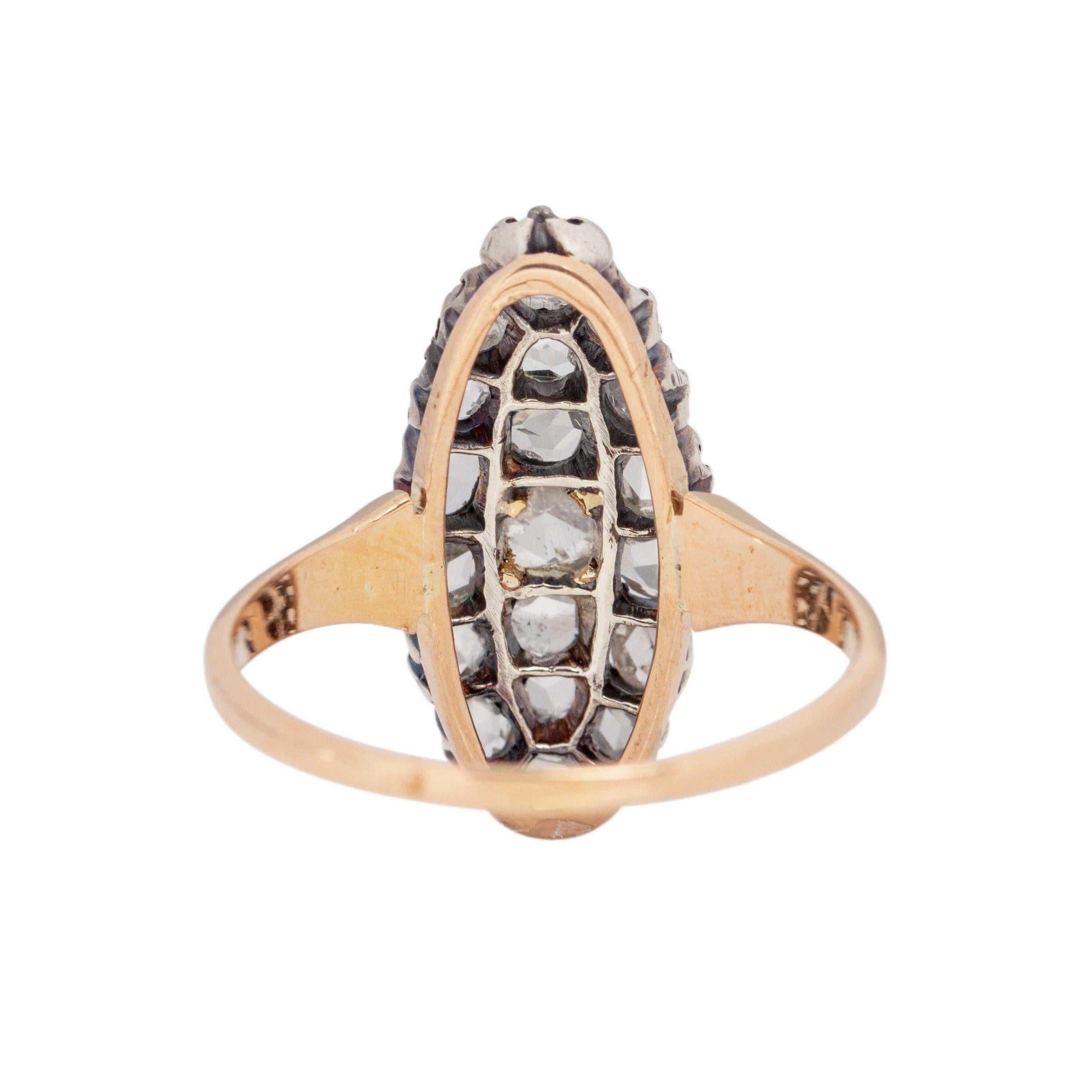 Circa 1900's Victorian 18K Rose Gold Two Tone Pave Rose Cut Diamond Navette In Good Condition For Sale In Addison, TX