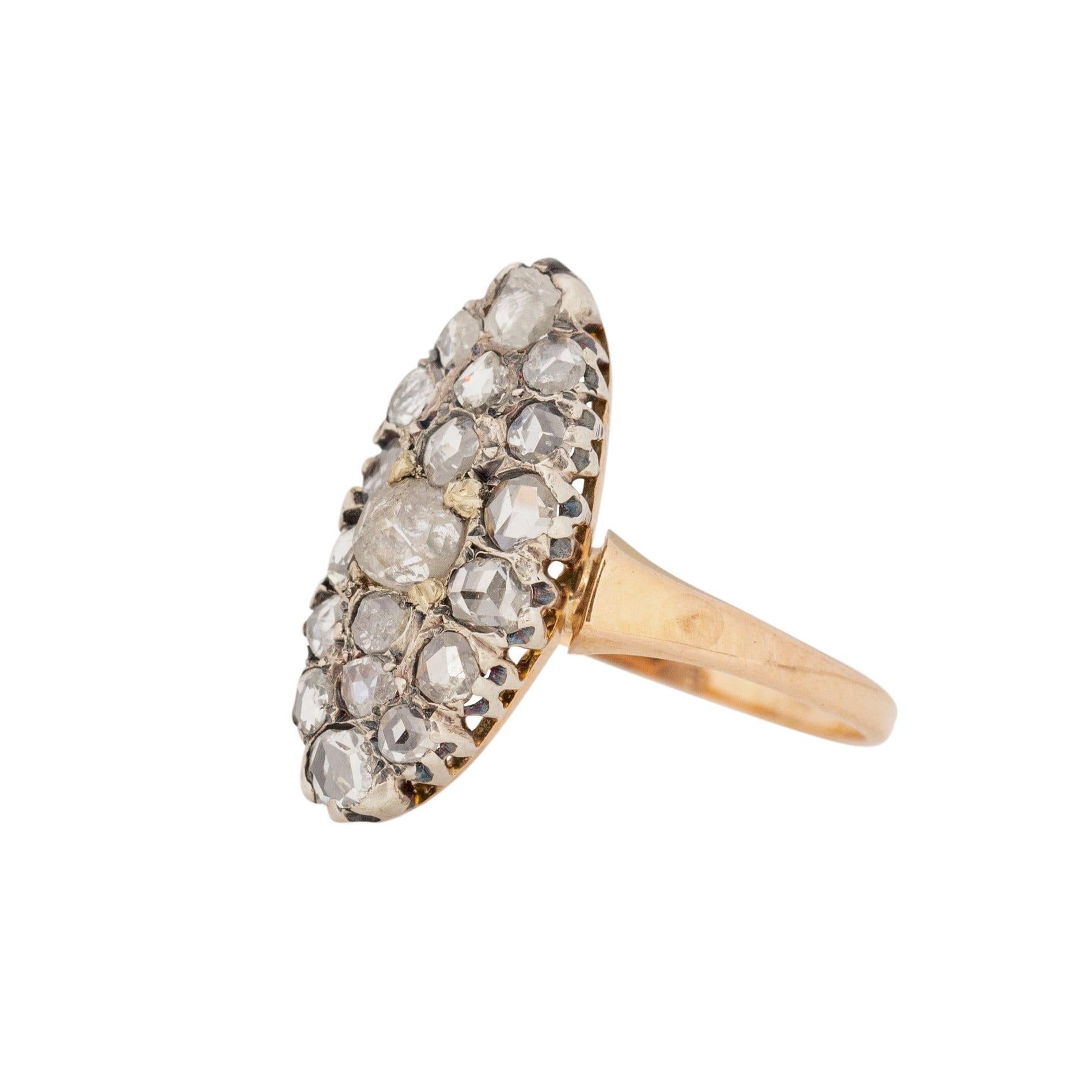 Women's Circa 1900's Victorian 18K Rose Gold Two Tone Pave Rose Cut Diamond Navette For Sale