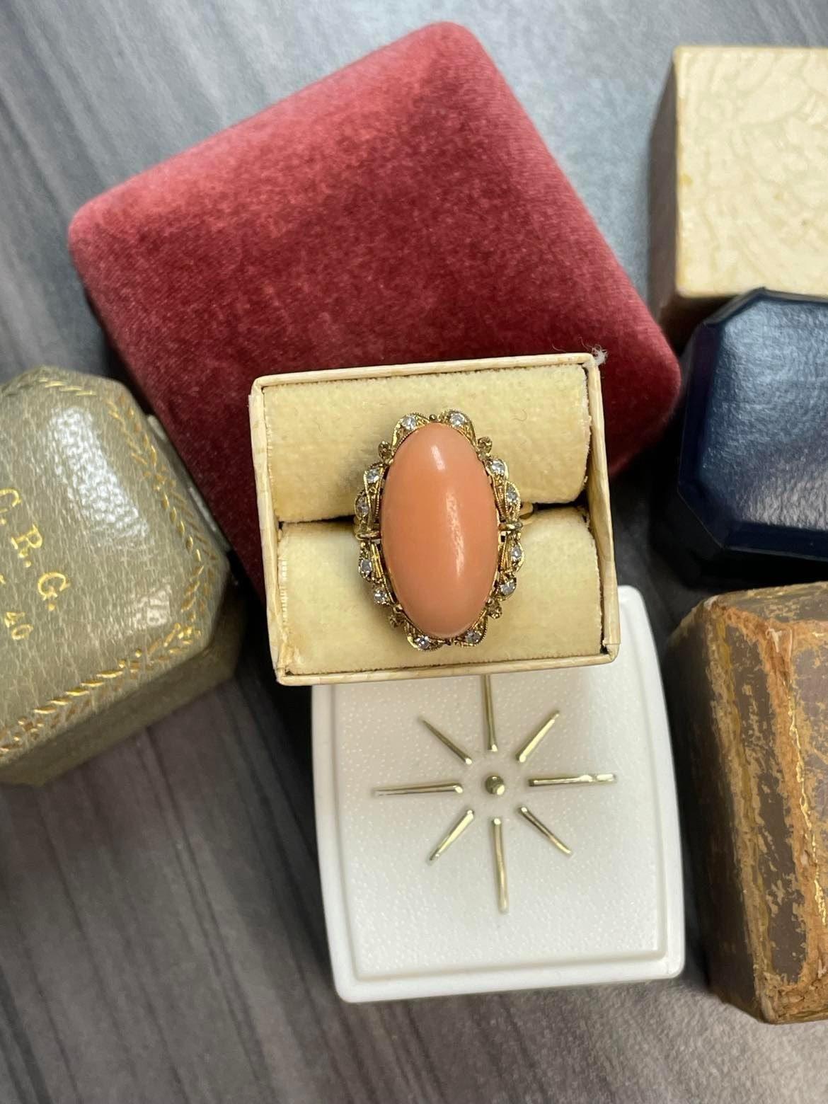Circa 1900's Victorian 18K Yellow Gold Angel Skin Coral Ring For Sale 3