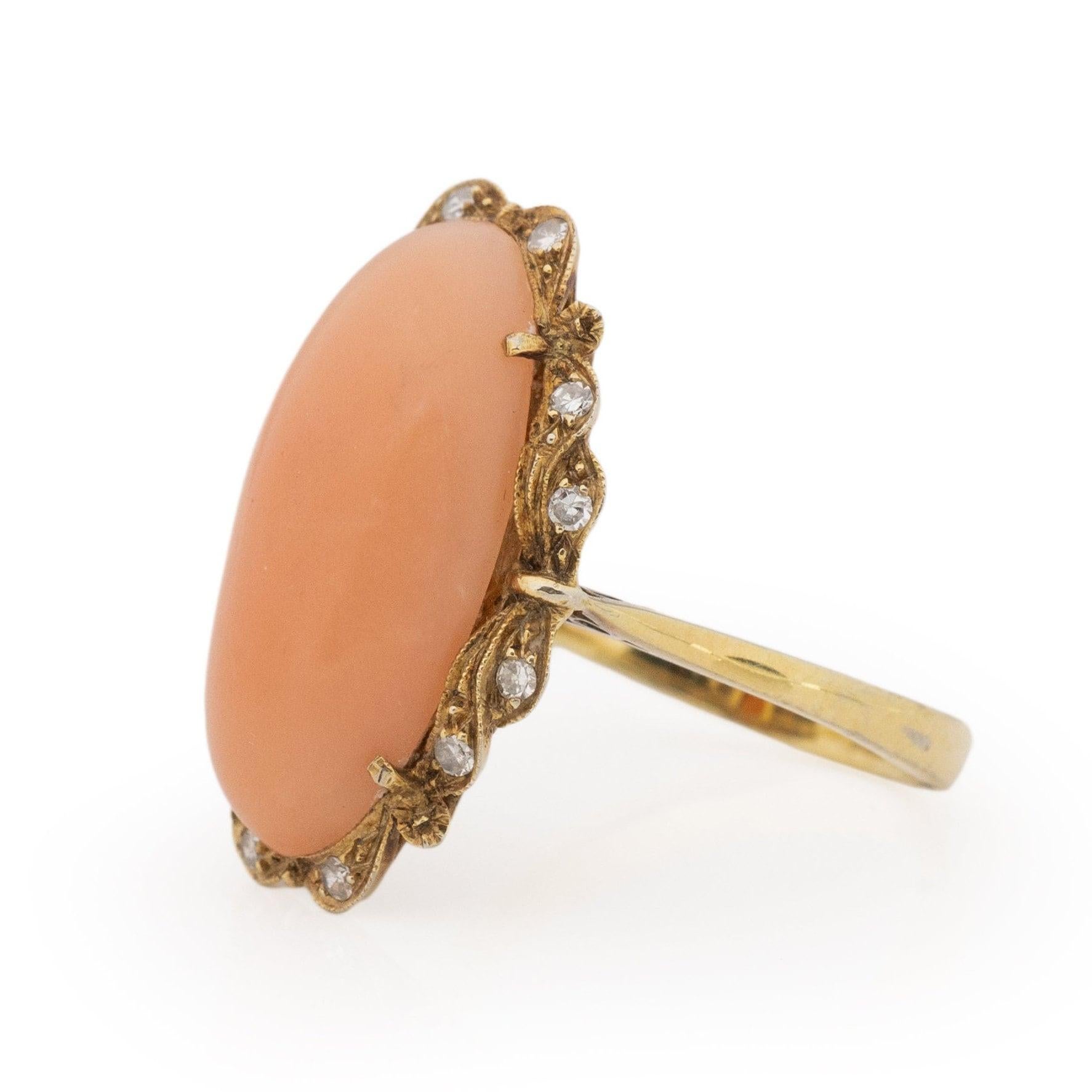 Cabochon Circa 1900's Victorian 18K Yellow Gold Angel Skin Coral Ring For Sale