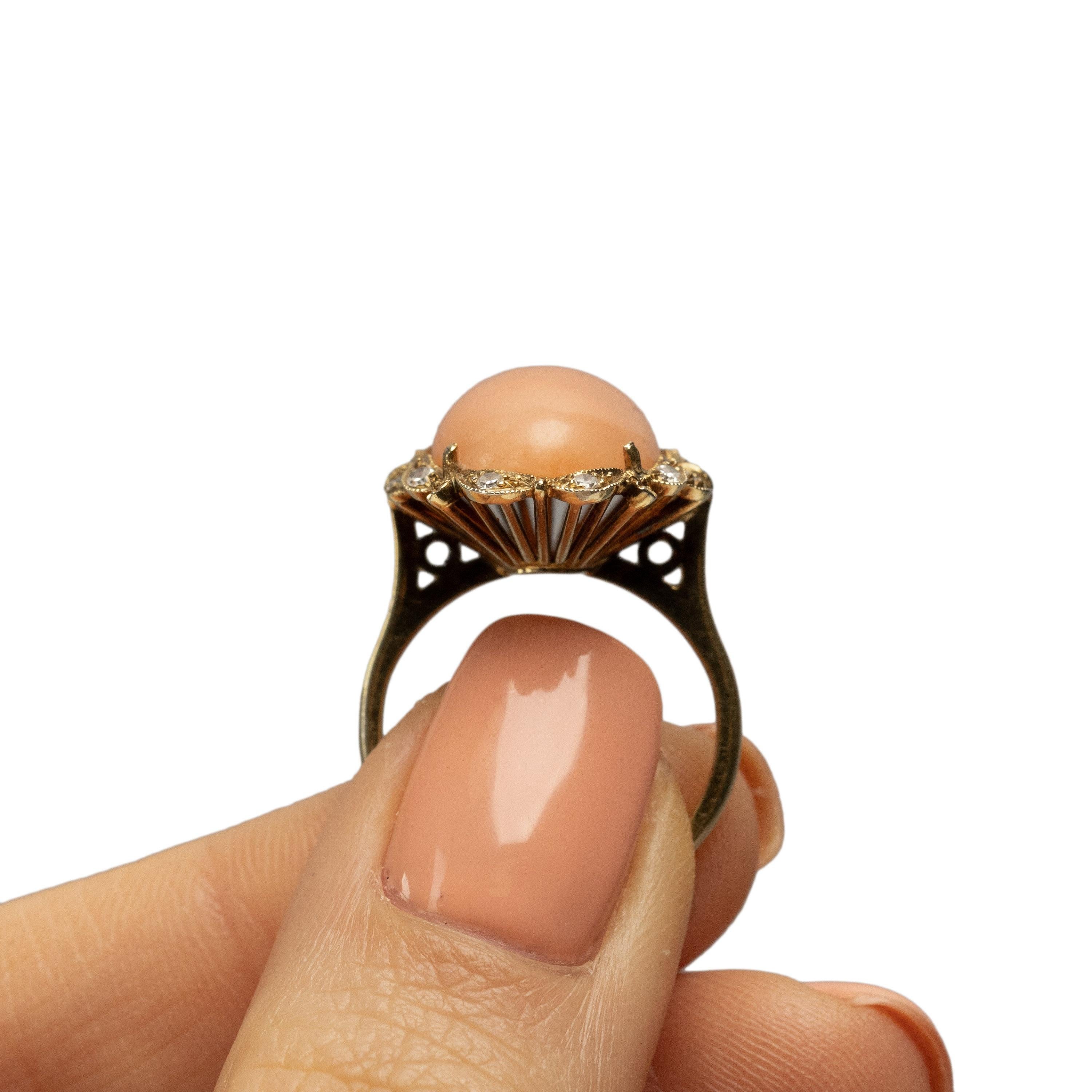 Circa 1900's Victorian 18K Yellow Gold Angel Skin Coral Ring For Sale 2