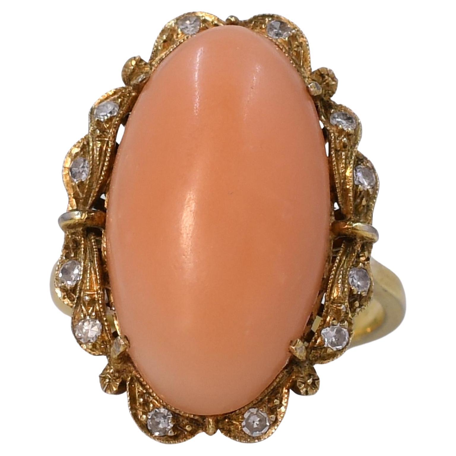 Circa 1900's Victorian 18K Yellow Gold Angel Skin Coral Ring For Sale