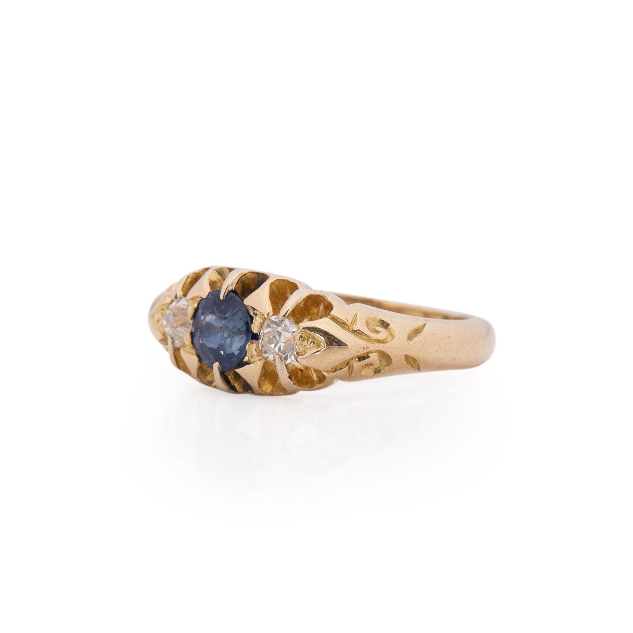 Circa 1900's Victorian 18k Yellow Gold Diamond and Sapphire Three Stone Ring In Good Condition In Addison, TX