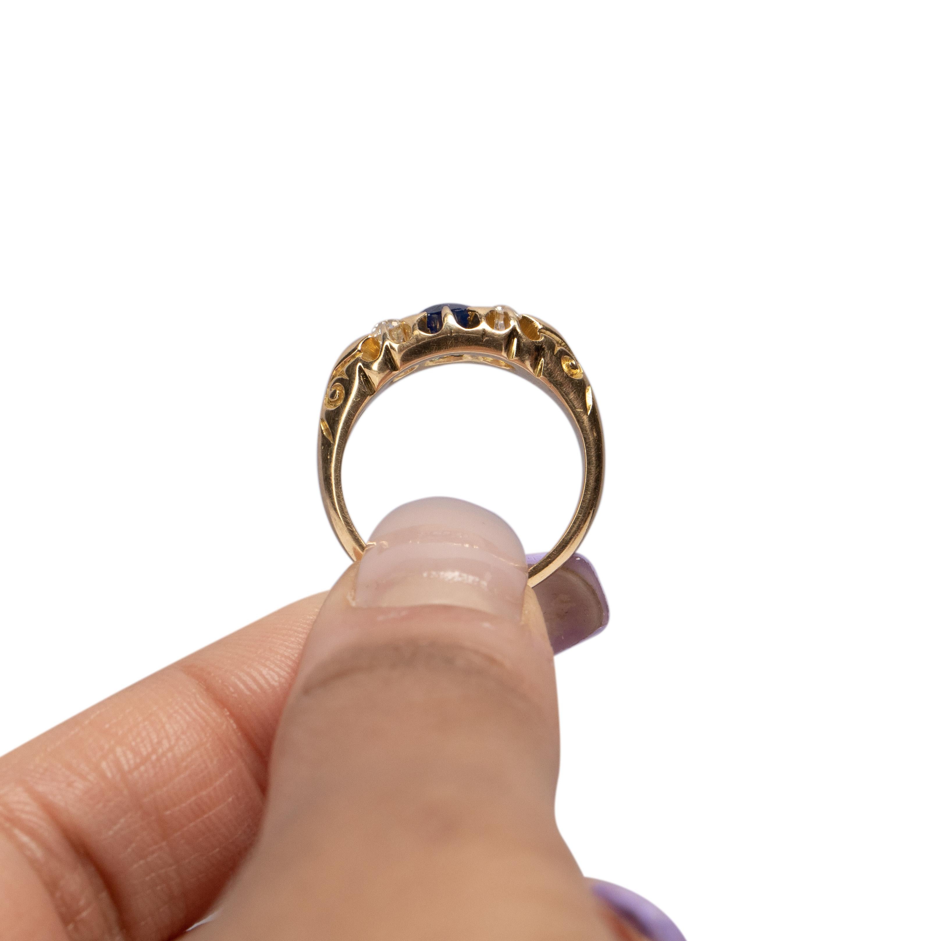 Women's or Men's Circa 1900's Victorian 18k Yellow Gold Diamond and Sapphire Three Stone Ring