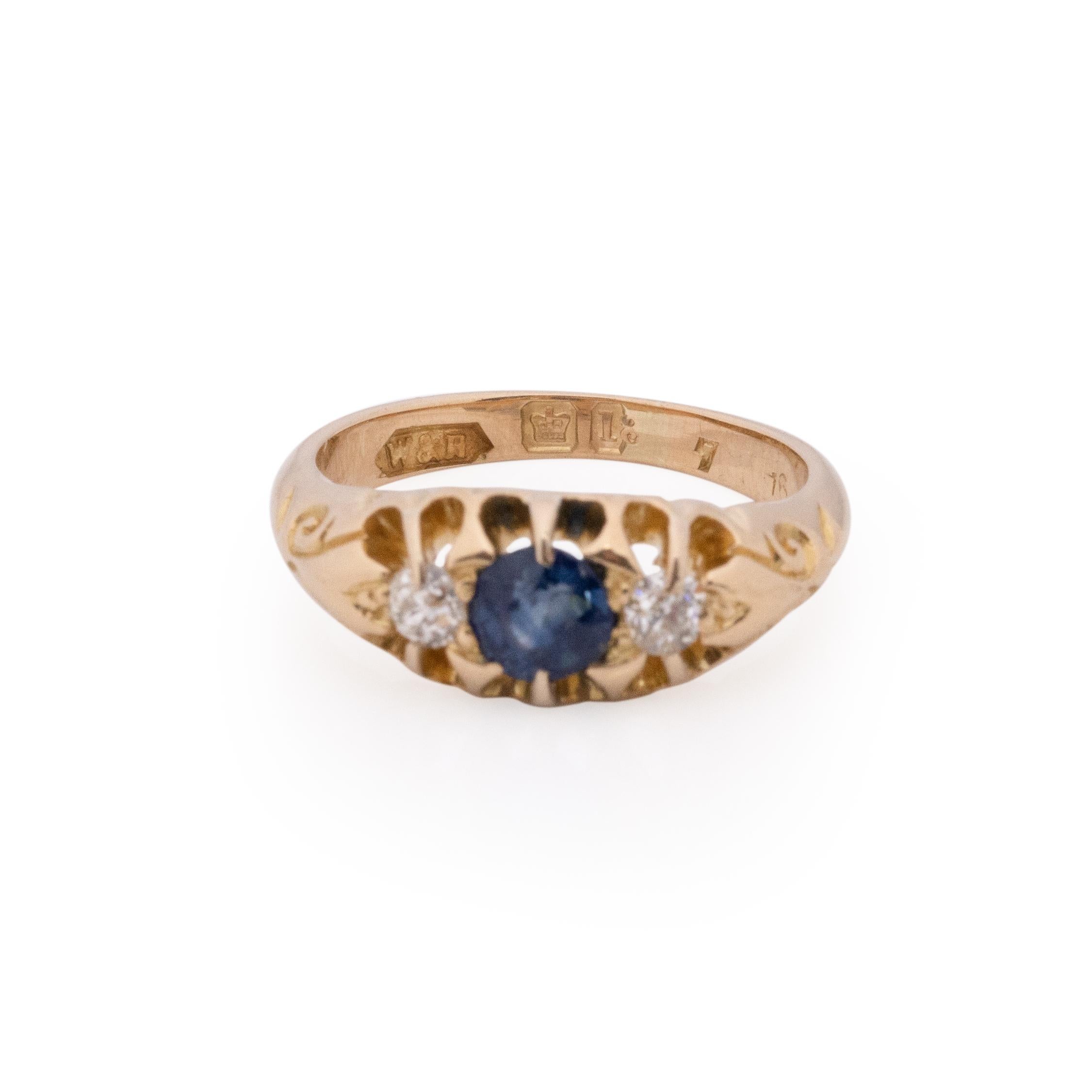Circa 1900's Victorian 18k Yellow Gold Diamond and Sapphire Three Stone Ring 1