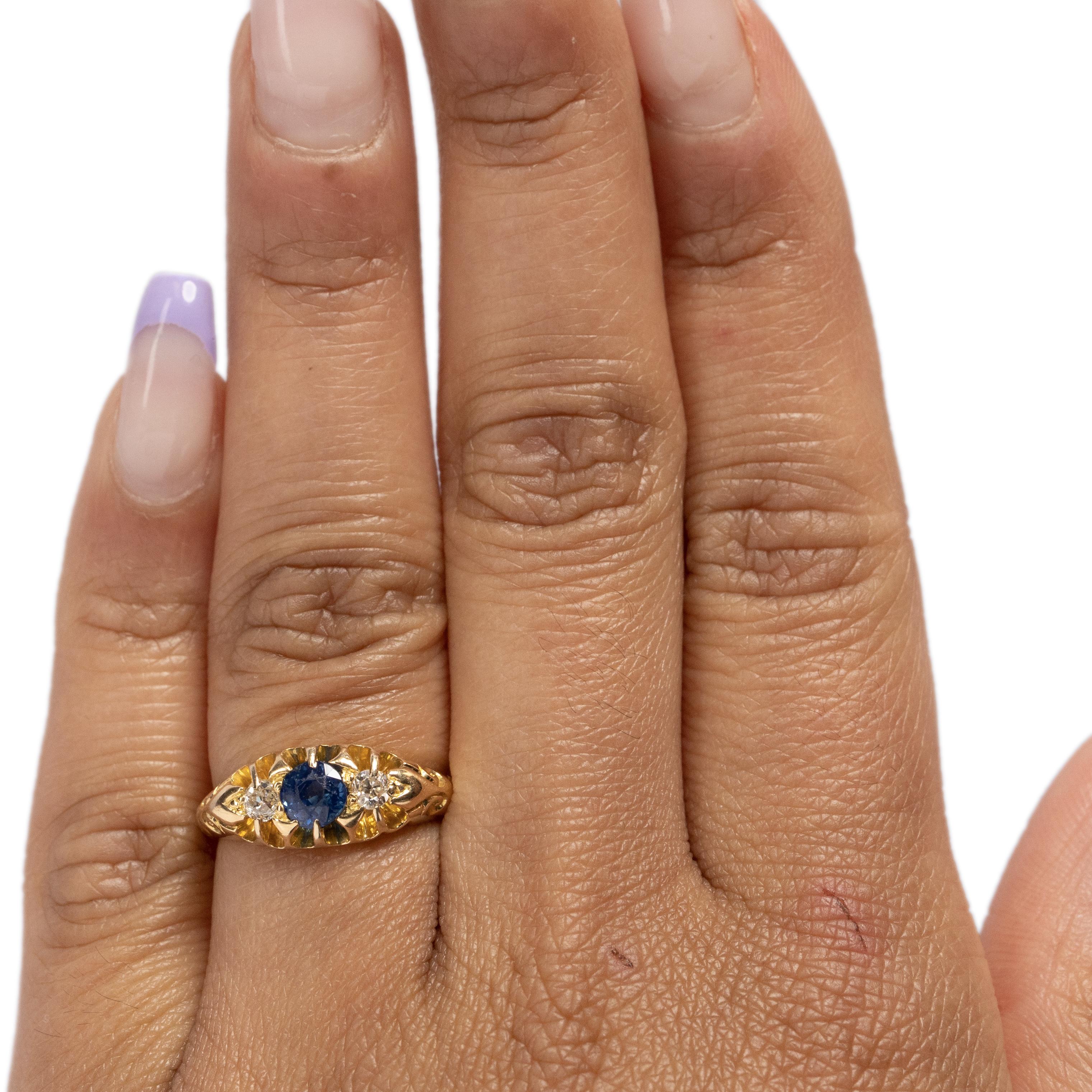 Circa 1900's Victorian 18k Yellow Gold Diamond and Sapphire Three Stone Ring 2