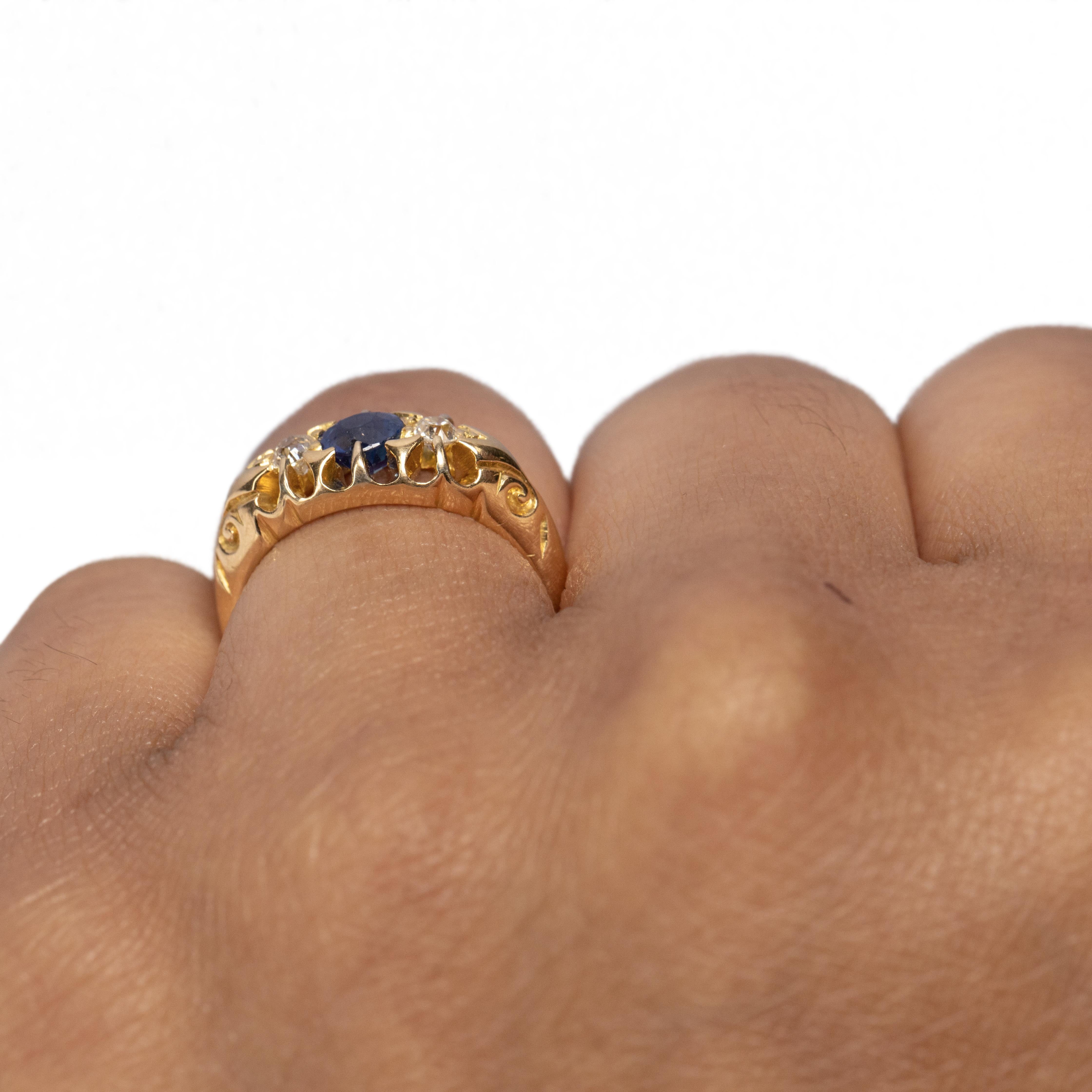 Circa 1900's Victorian 18k Yellow Gold Diamond and Sapphire Three Stone Ring 4