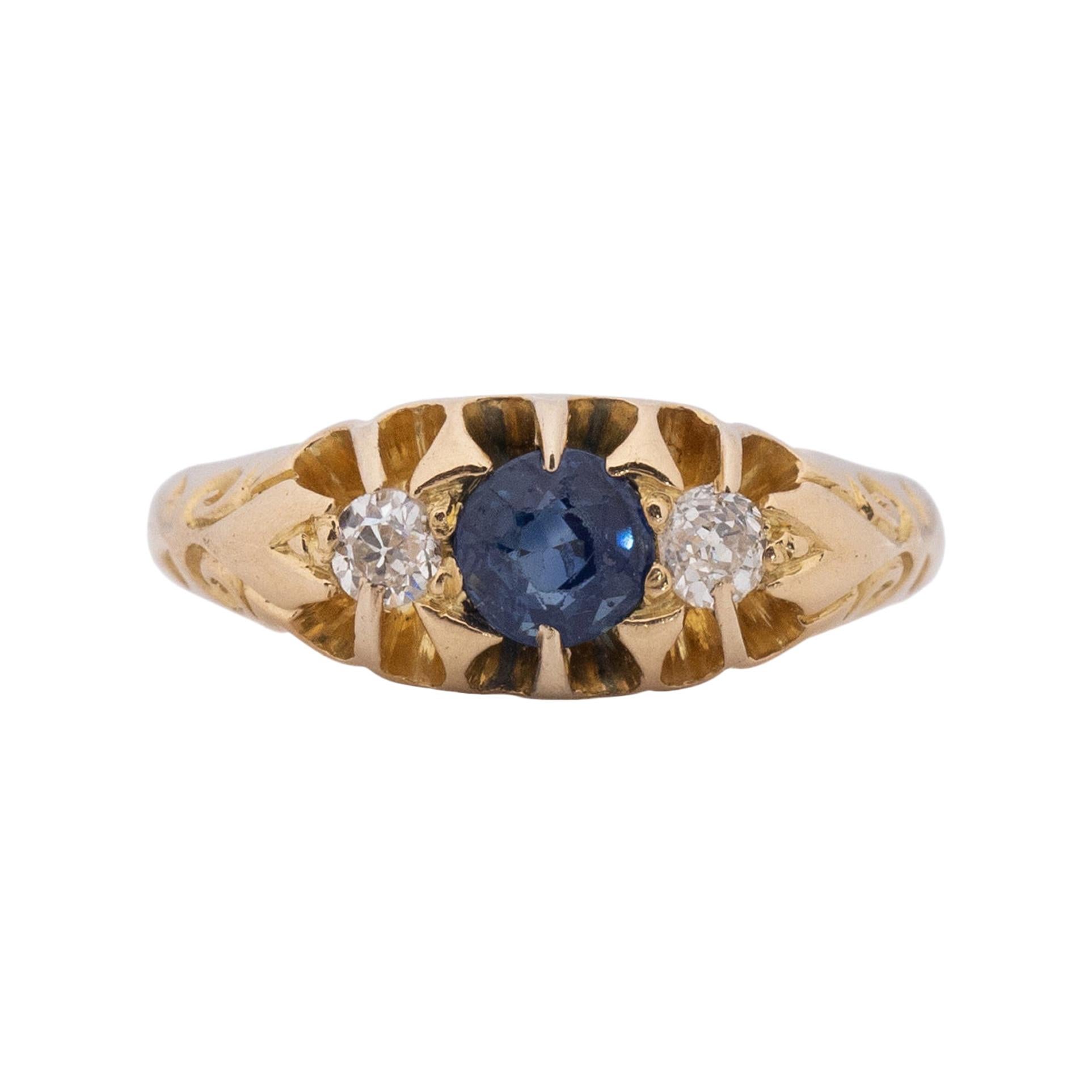 Circa 1900's Victorian 18k Yellow Gold Diamond and Sapphire Three Stone Ring