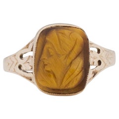 Circa 1900's Victorian 9k Yellow Gold Carved Tigers Eye Cameo Statement Ring