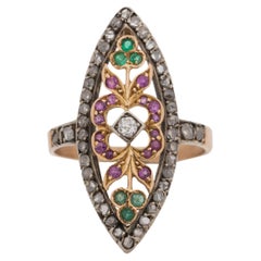 Circa 1900's Victorian Two Tone 18K Vintage Navette Shape Open Work Shield Ring