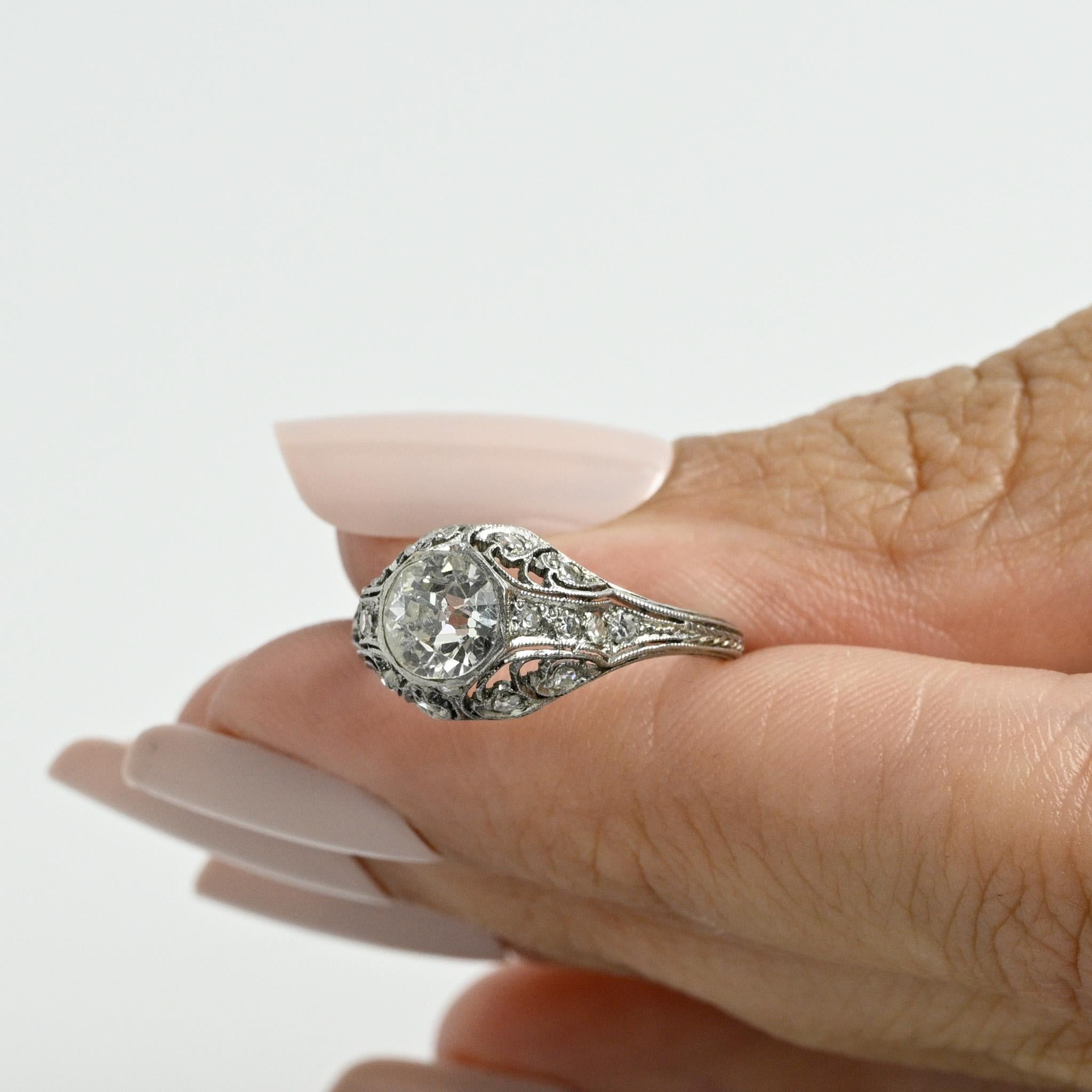 Circa 1901 Edwardian Platinum .98Ct Diamond Antique Filigree Engagement Ring 5