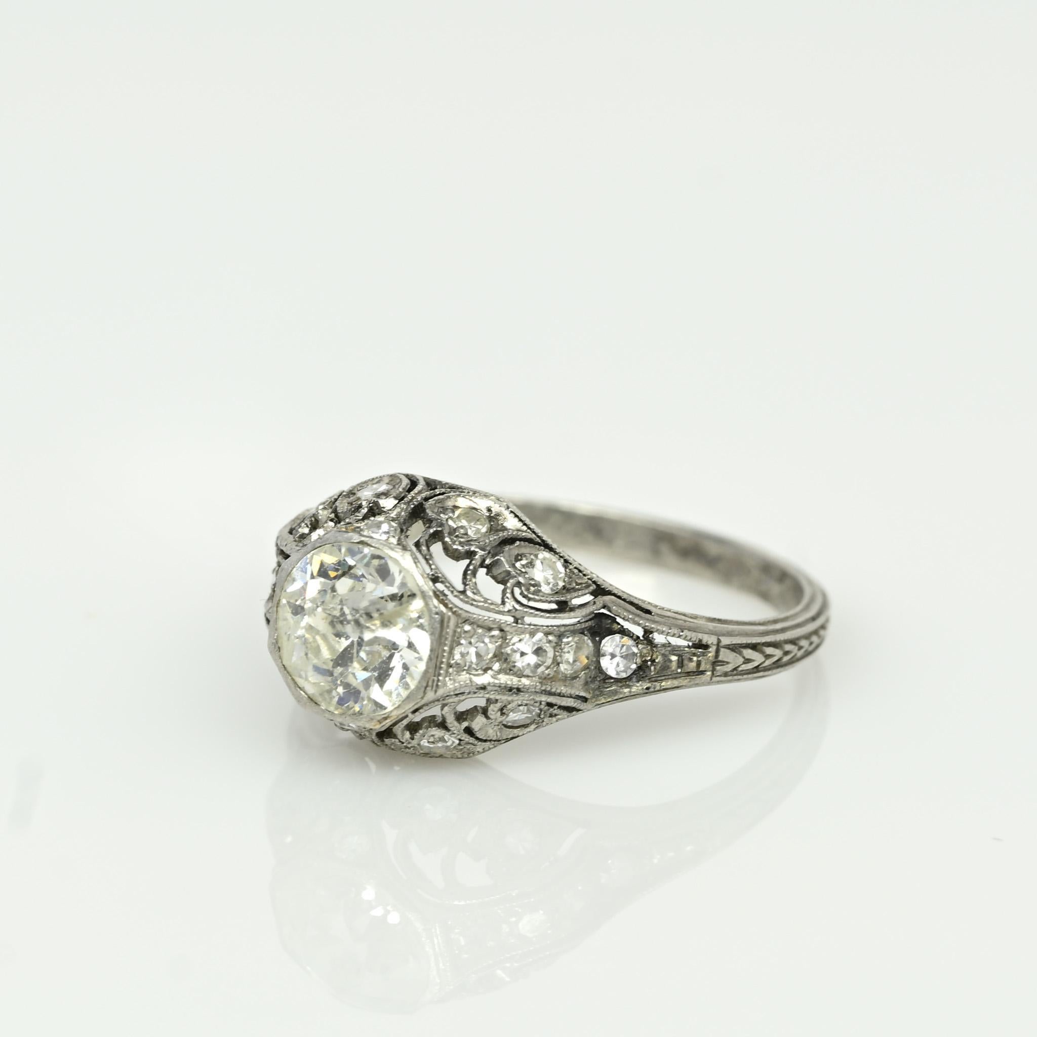 Old European Cut Circa 1901 Edwardian Platinum .98Ct Diamond Antique Filigree Engagement Ring