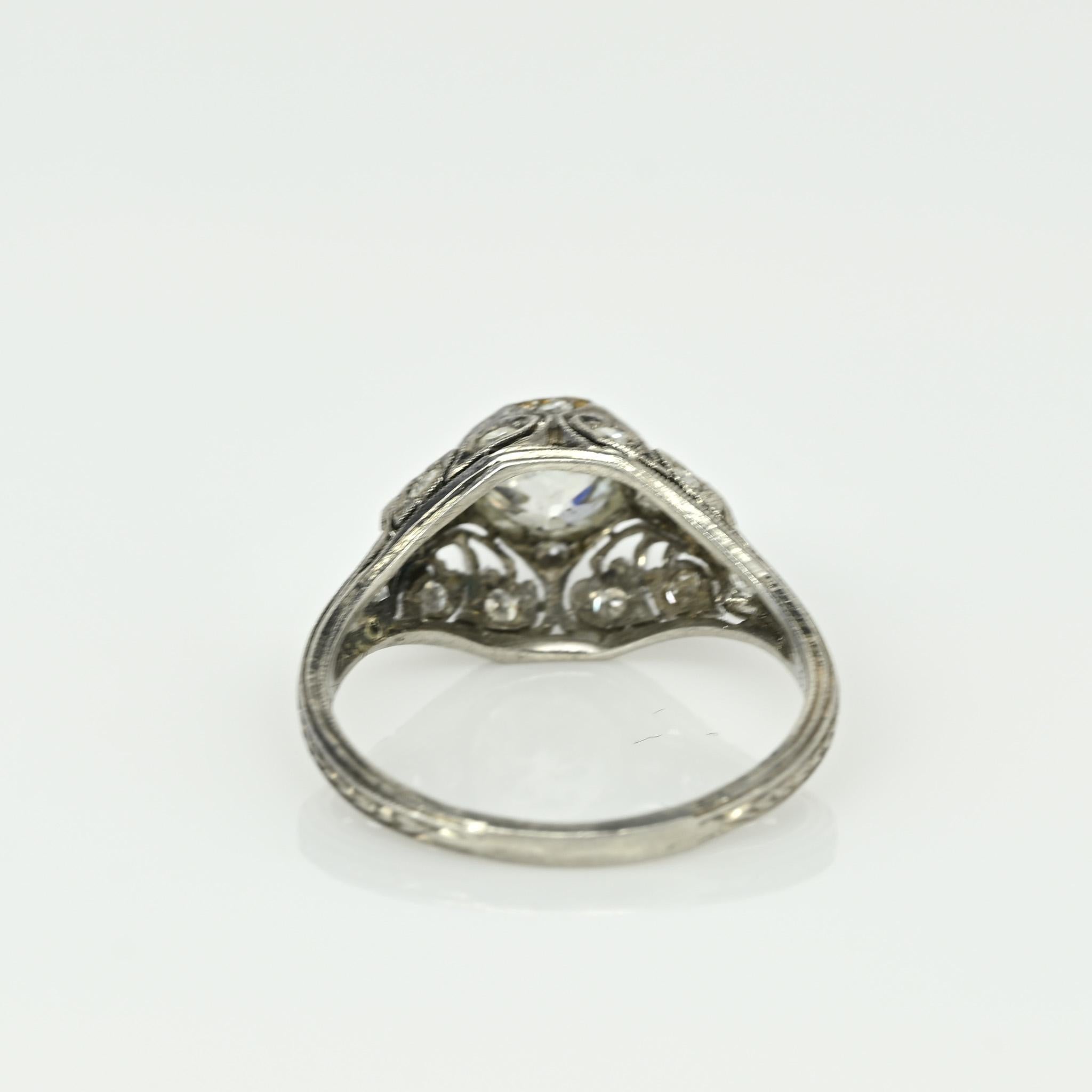 Circa 1901 Edwardian Platinum .98Ct Diamond Antique Filigree Engagement Ring 1
