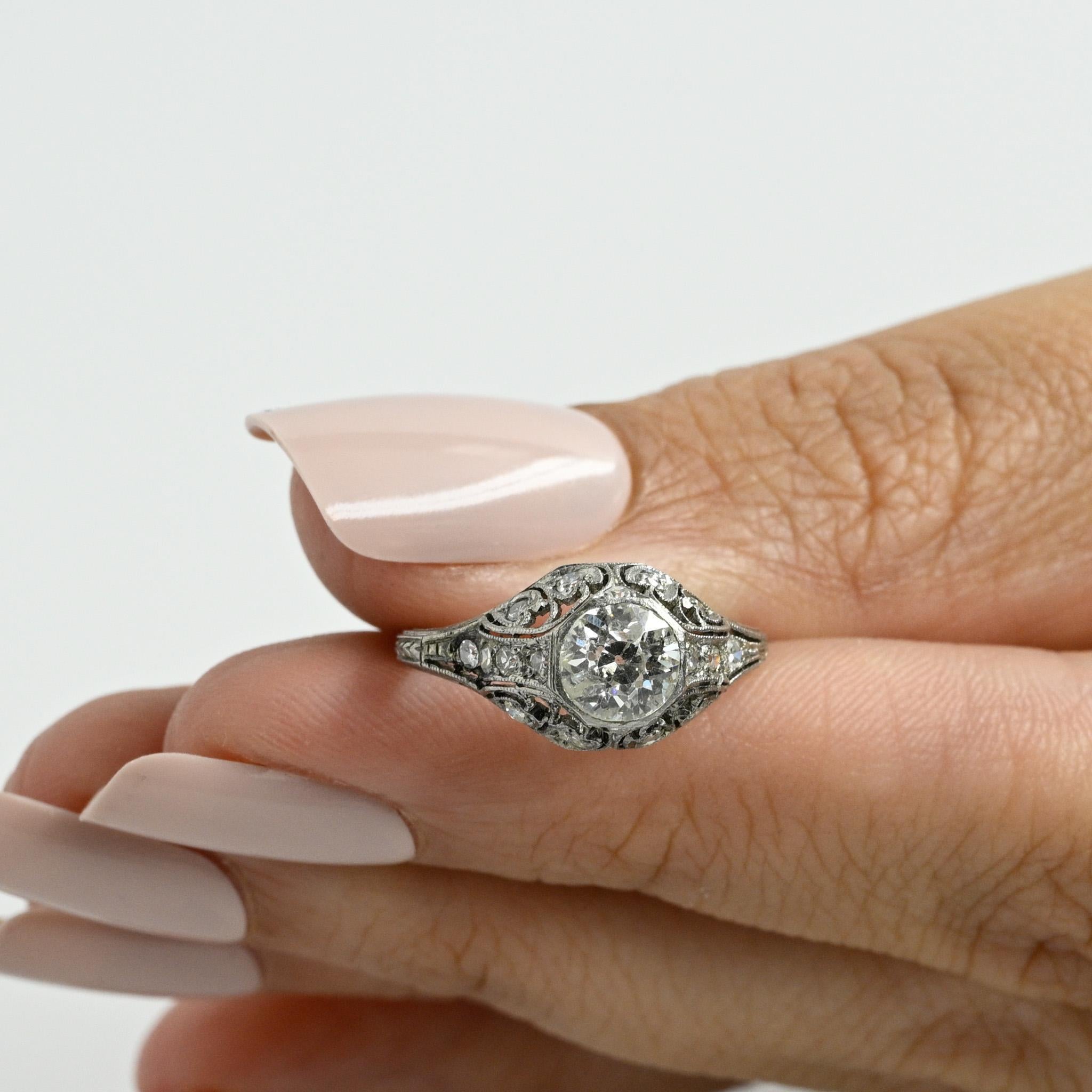 Circa 1901 Edwardian Platinum .98Ct Diamond Antique Filigree Engagement Ring 4