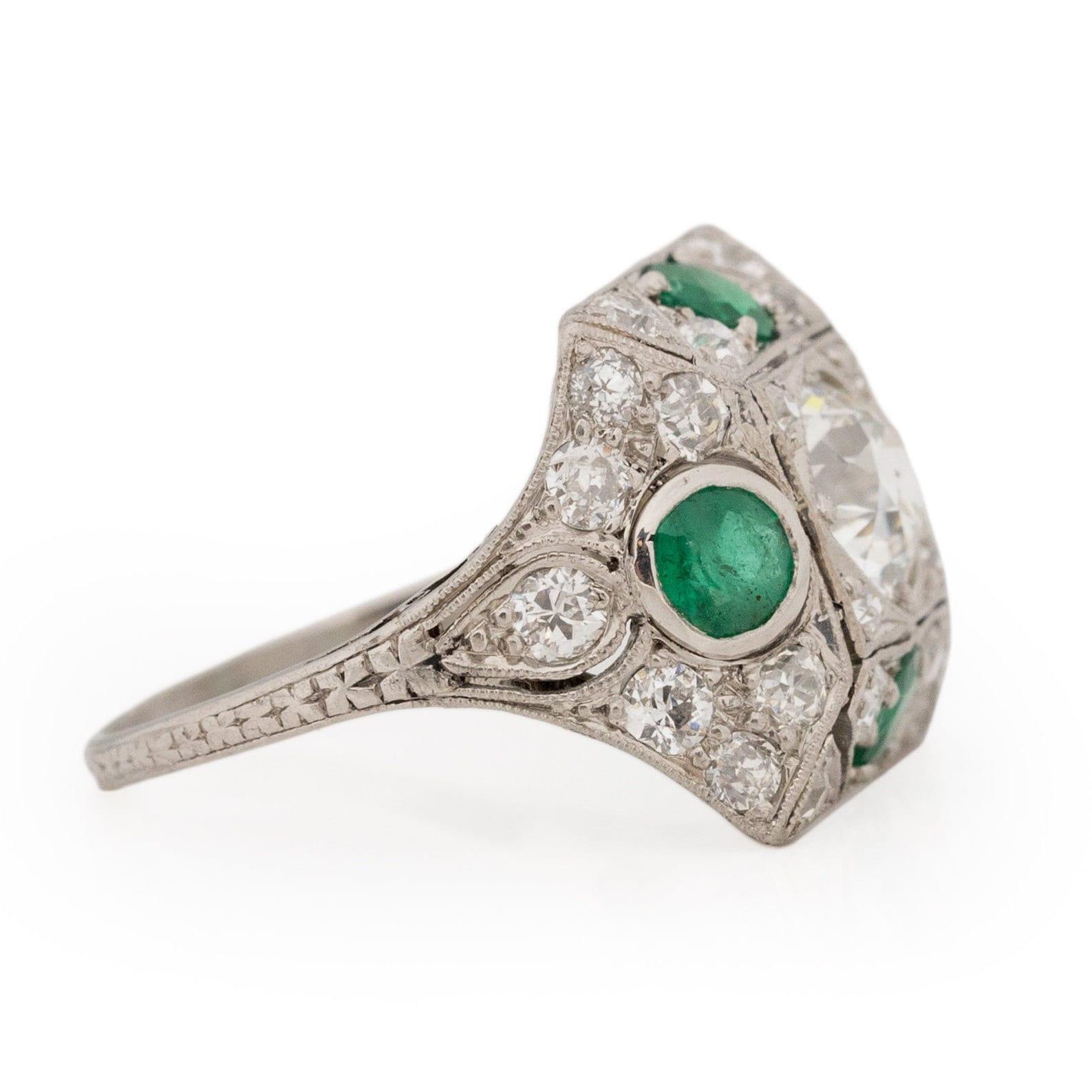 Circa 1901 Edwardian Platinum Old Mine Cut Center with Natural Emerald Accents In Good Condition For Sale In Addison, TX